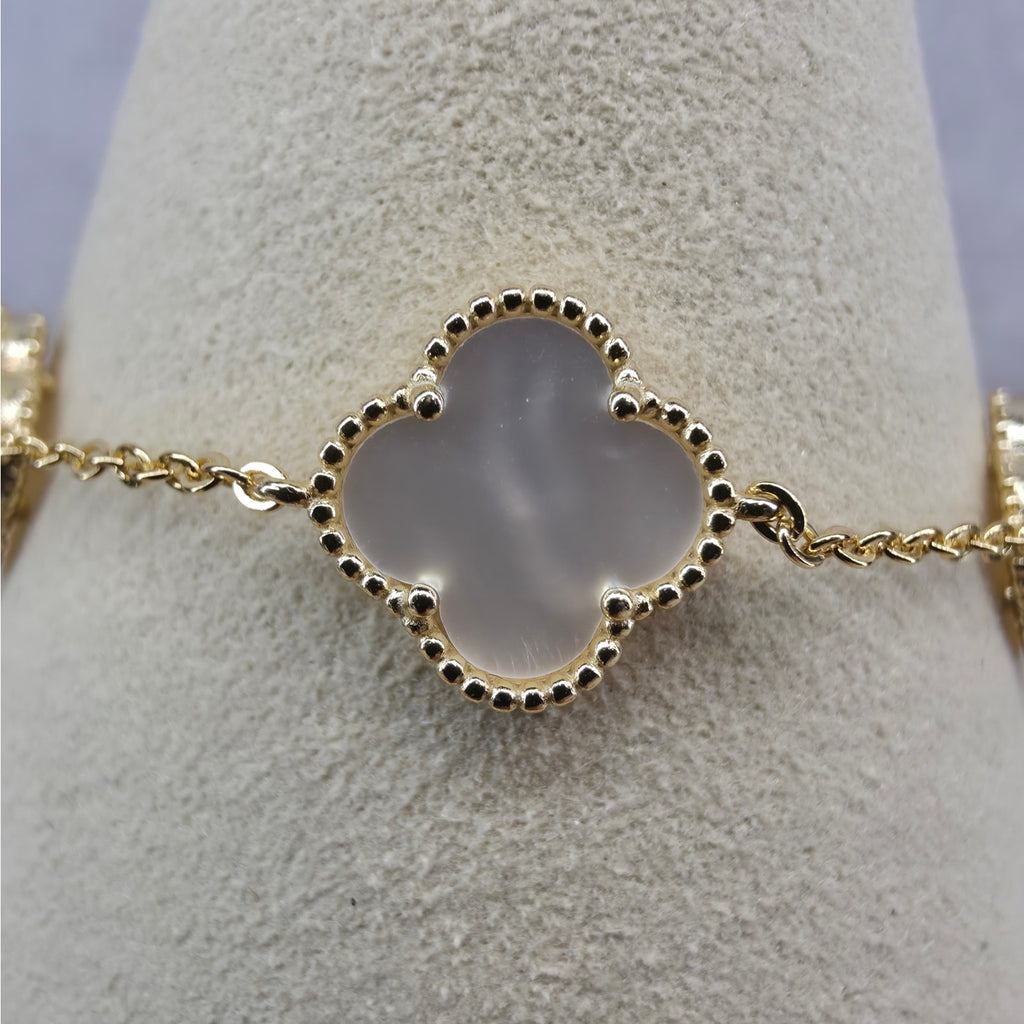 7+1" 12mm Mother of Pearl 5-Motif Clover Bracelet Gold Plated 925 Silver
