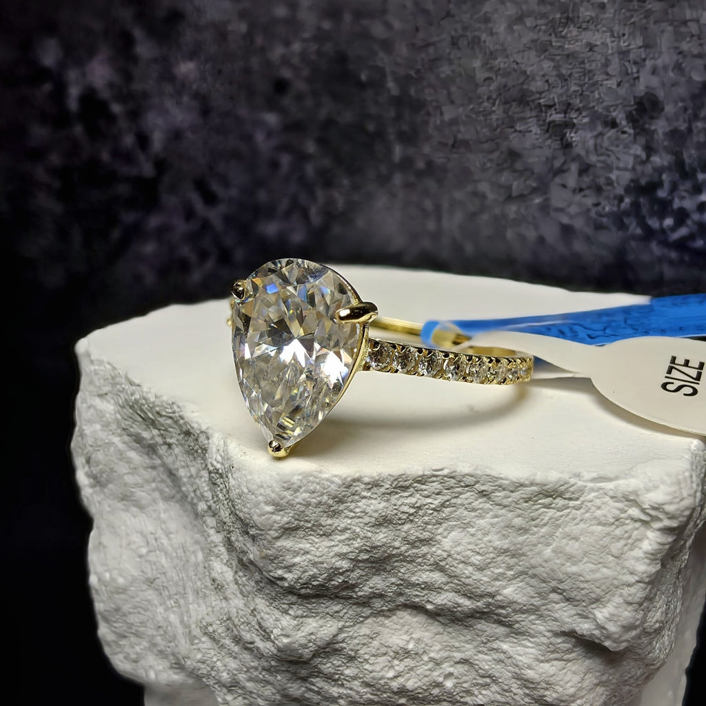 2.0 CTW Pear Cut Moissanite Engagement Ring | Gold Plated Silver | Size 8