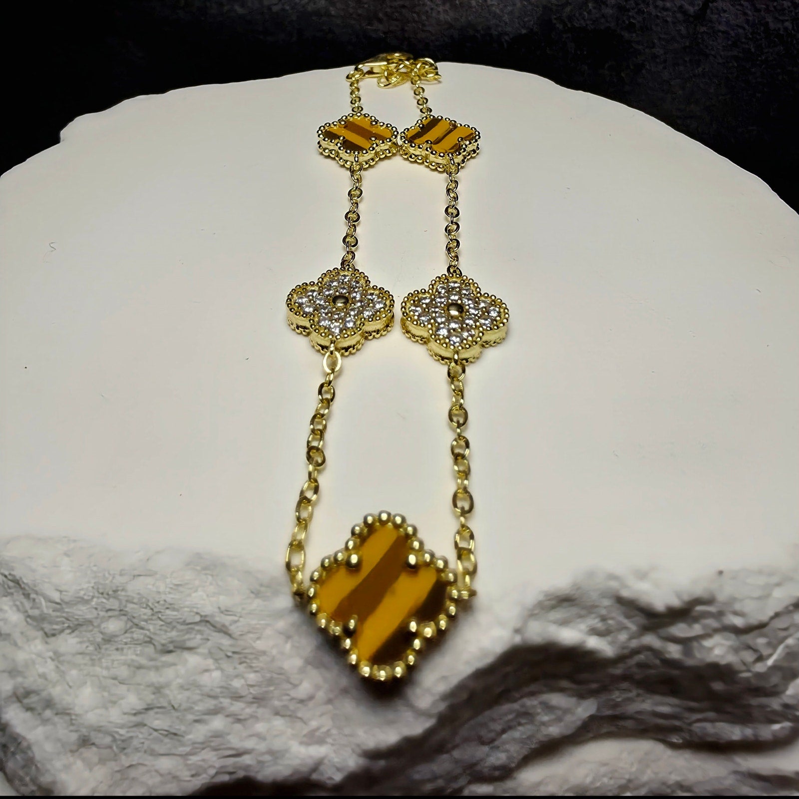 7+1" Tiger's Eye & CZ Clover Station Bracelet in Gold over 925 Sterling Silver