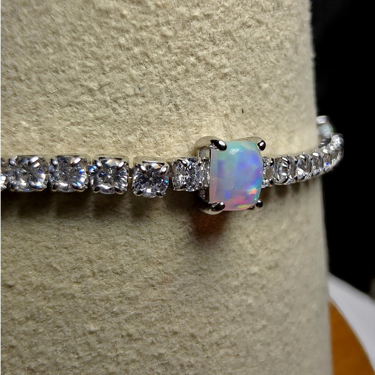 7" 925 Sterling Silver Ethiopian Opal & CZ Tennis Bracelet | Iridescent Station