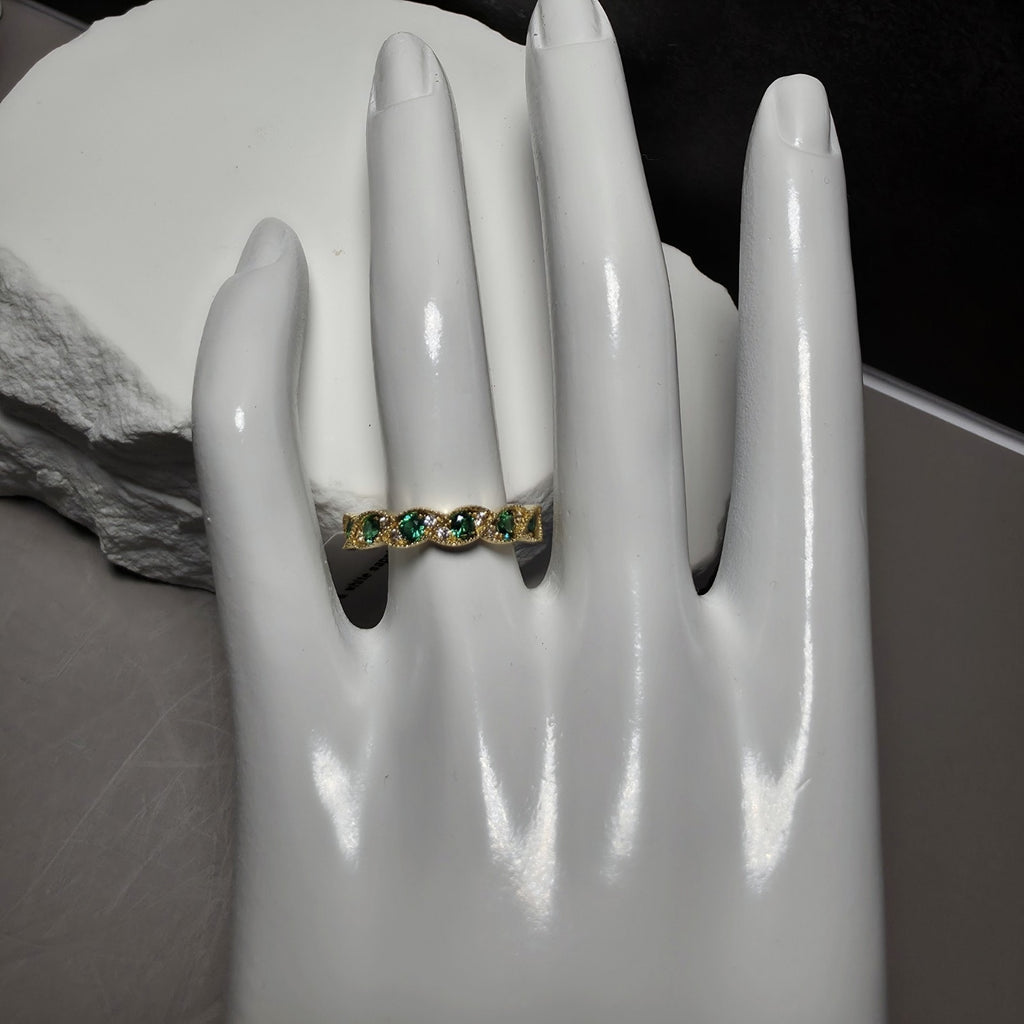 Genuine Emerald & White Sapphire Milgrain Infinity Wave Ring Size 7