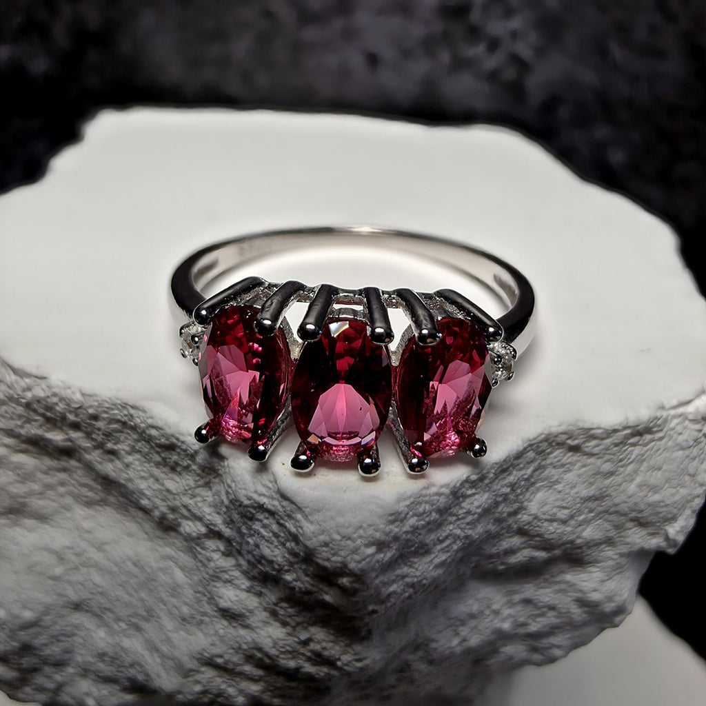 Natural Ruby Three-Stone Ring in 925 Sterling Silver – Size 7