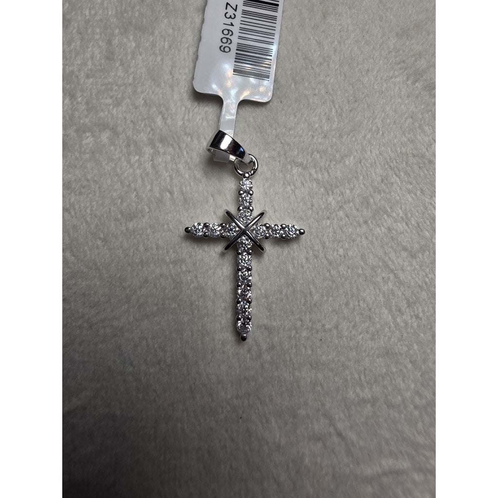 0.47CTW Moissanite Cross Pendant w/ 24" Rolo Necklace 925 Sterling Silver