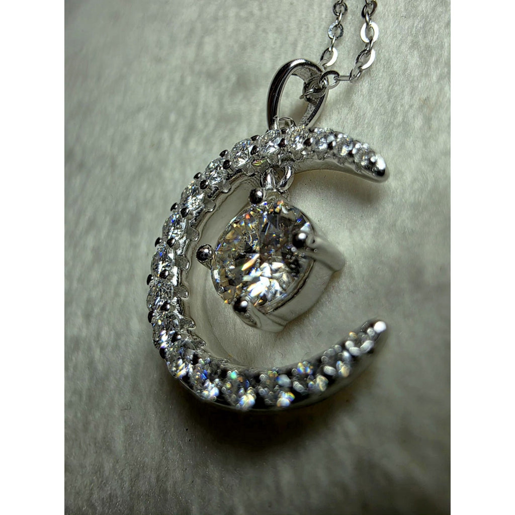 18-20" 1.54ctw Moissanite Crescent Moon and Star Pendant 925 Sterling Silver
