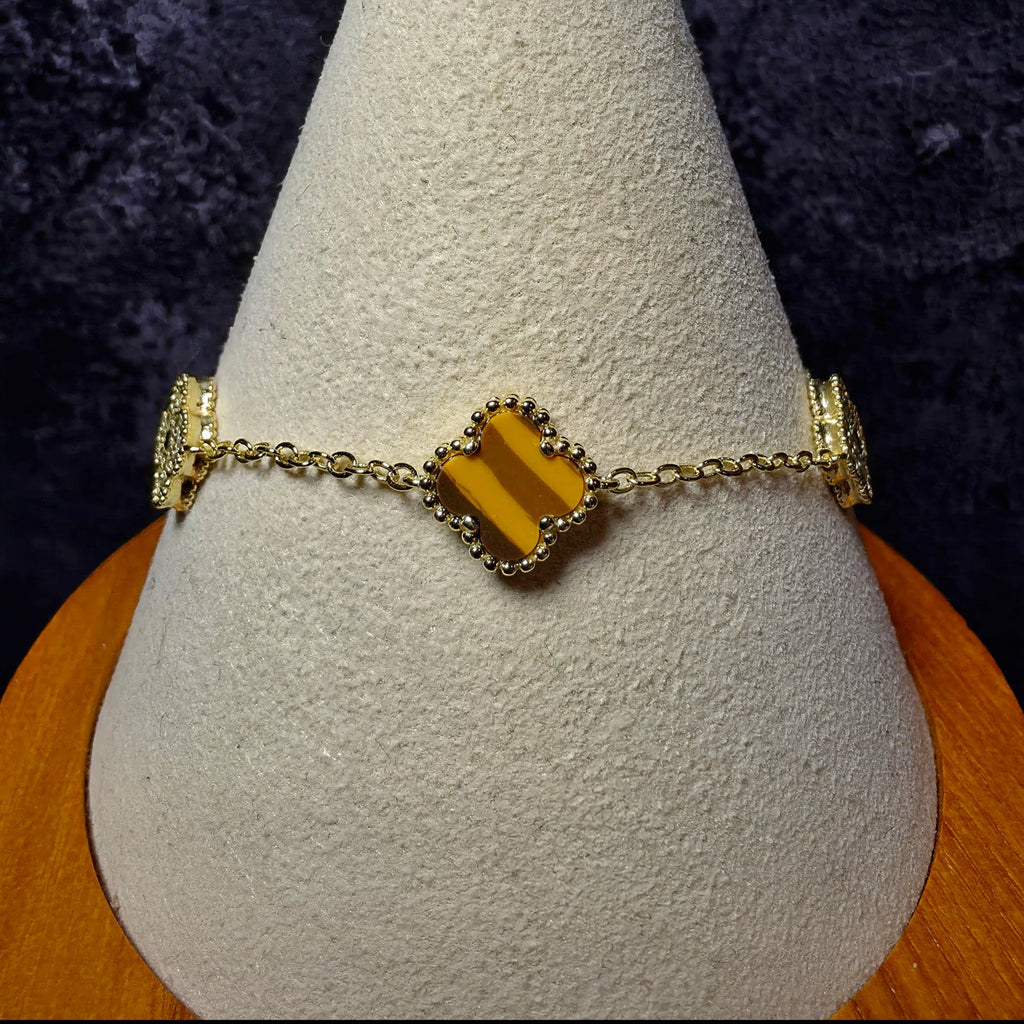 7+1" Tiger's Eye & CZ Clover Station Bracelet in Gold over 925 Sterling Silver