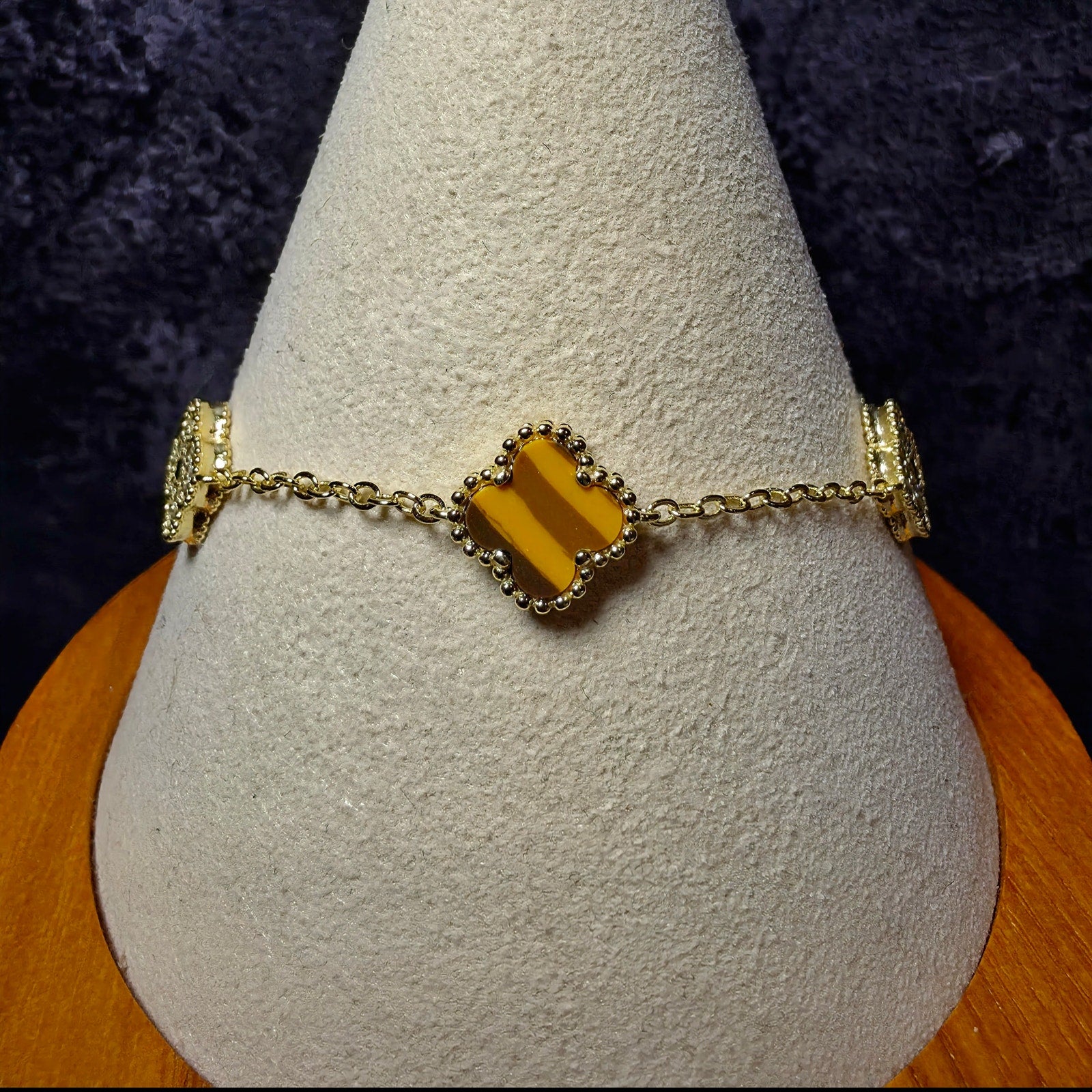 7+1" Tiger's Eye & CZ Clover Station Bracelet in Gold over 925 Sterling Silver