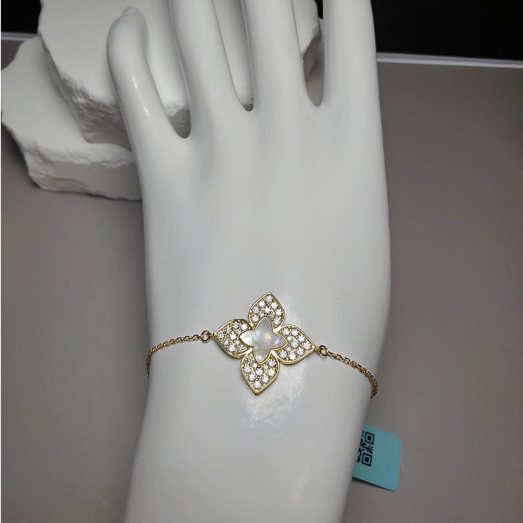 1.08 CTW Moissanite & Mother of Pearl Floral Bracelet in Gold Over Silver