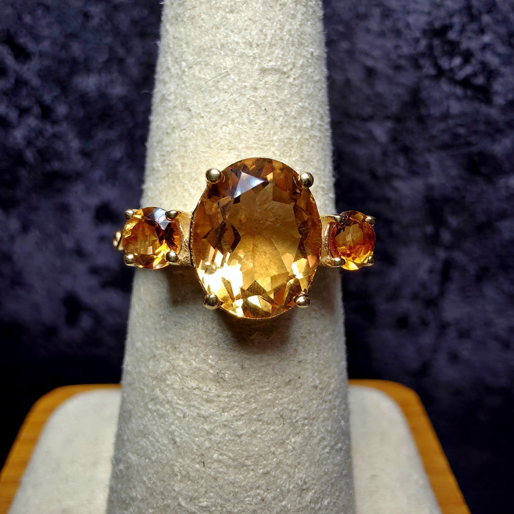 Genuine Citrine Three-Stone Ring Size 7 Gold Over 925 Silver