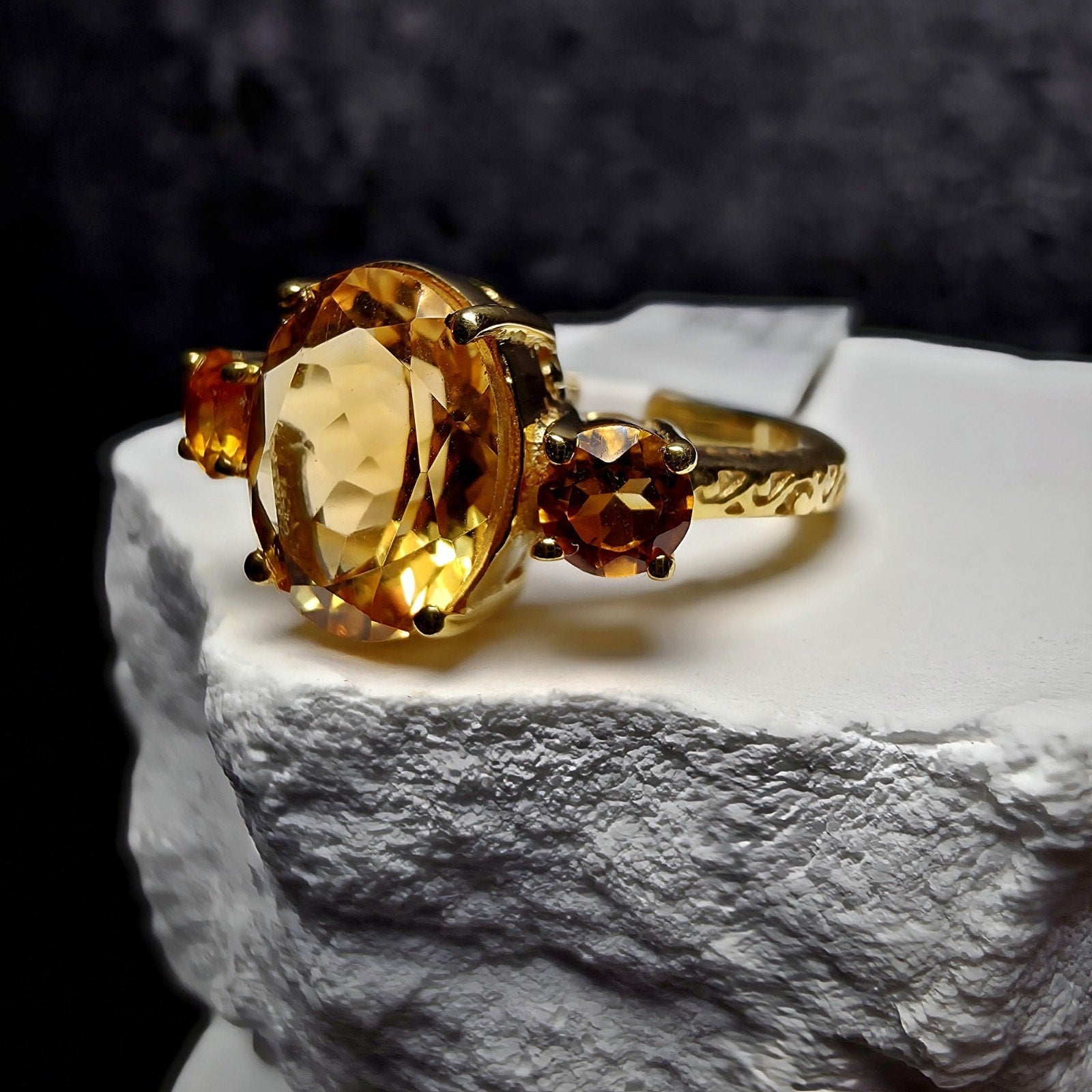 Genuine Citrine Three-Stone Ring Size 7 Gold Over 925 Silver