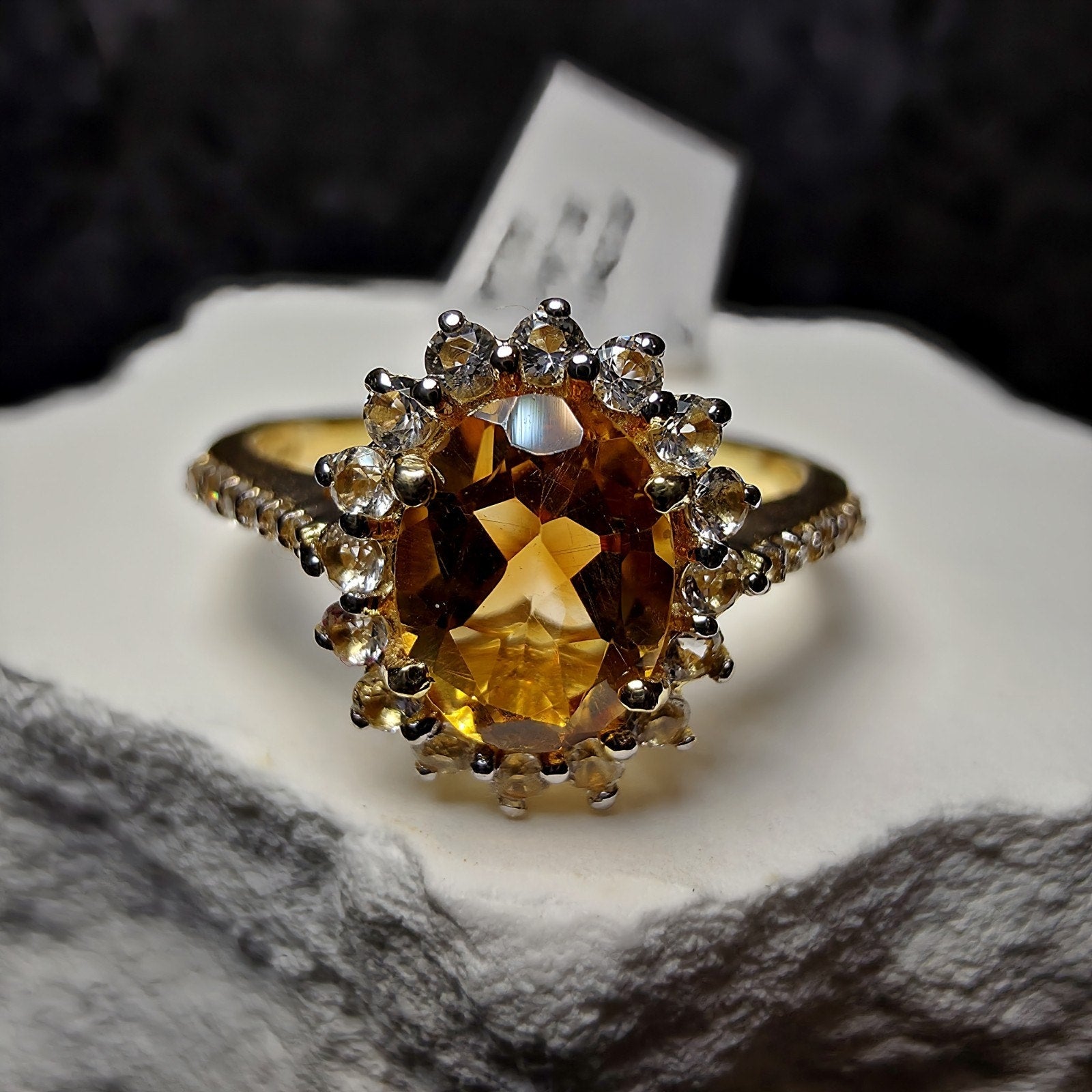 1.09 CT Oval Natural Citrine & White Topaz Halo Ring in Gold over Silver Size 7