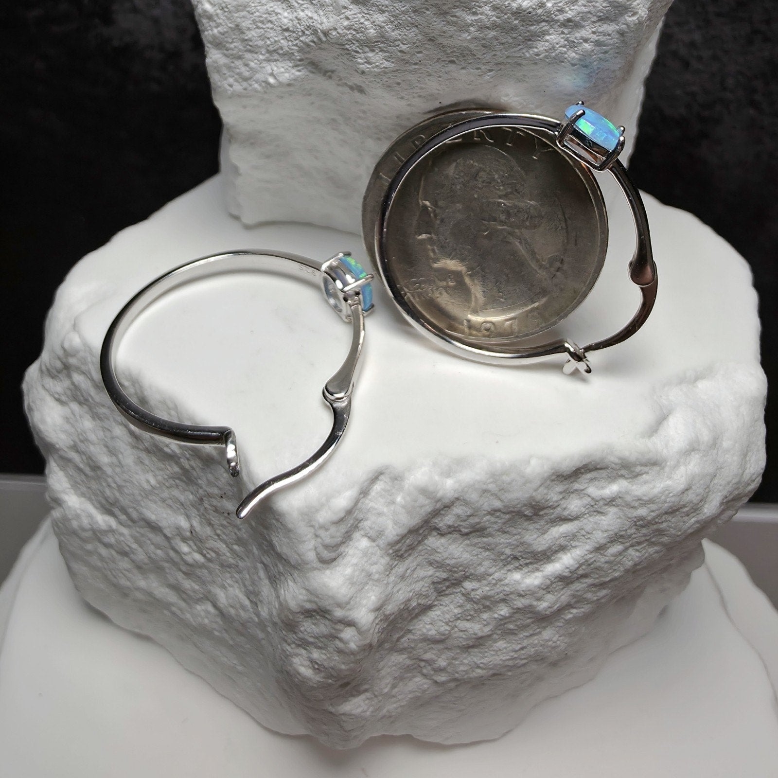 925 Sterling Silver Blue Lab Opal Round Hoop Earrings
