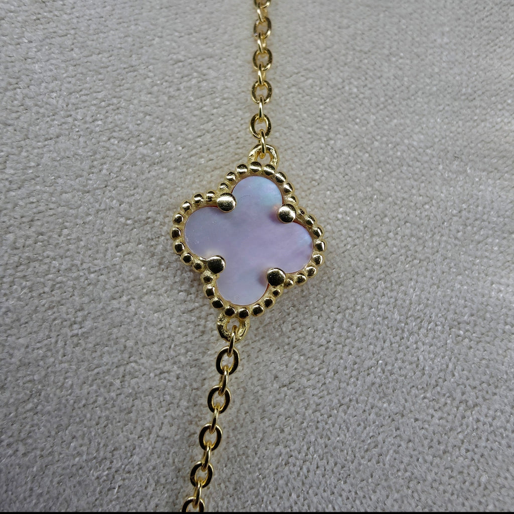 16-18" Pink Mother of Pearl 5-Motif Clover Necklace - Gold over Silver