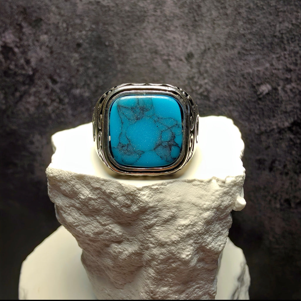 925 Sterling Silver Turquoise Signet Men's Ring – Crescent & Star Motif (Size 12.5)