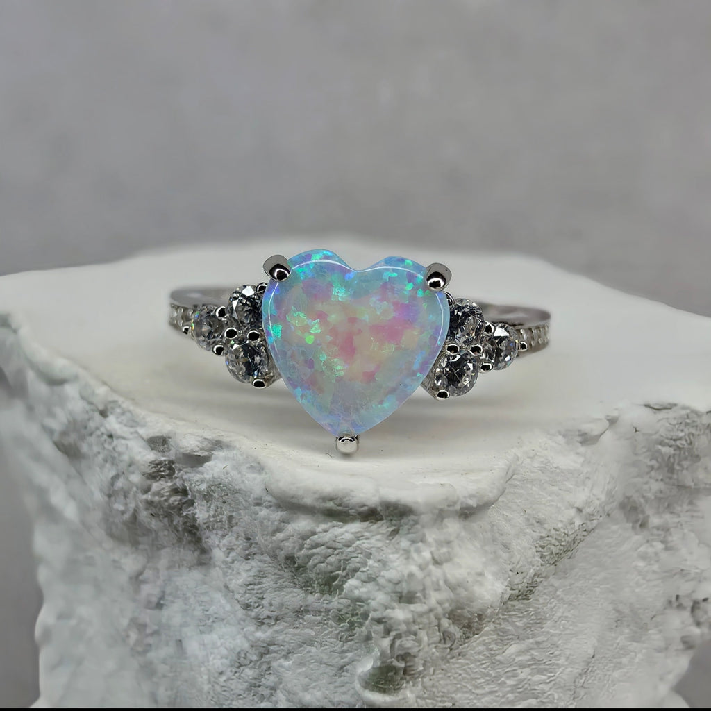 925 Sterling Silver Lab Opal Heart Ring with CZ Accents – Size 7