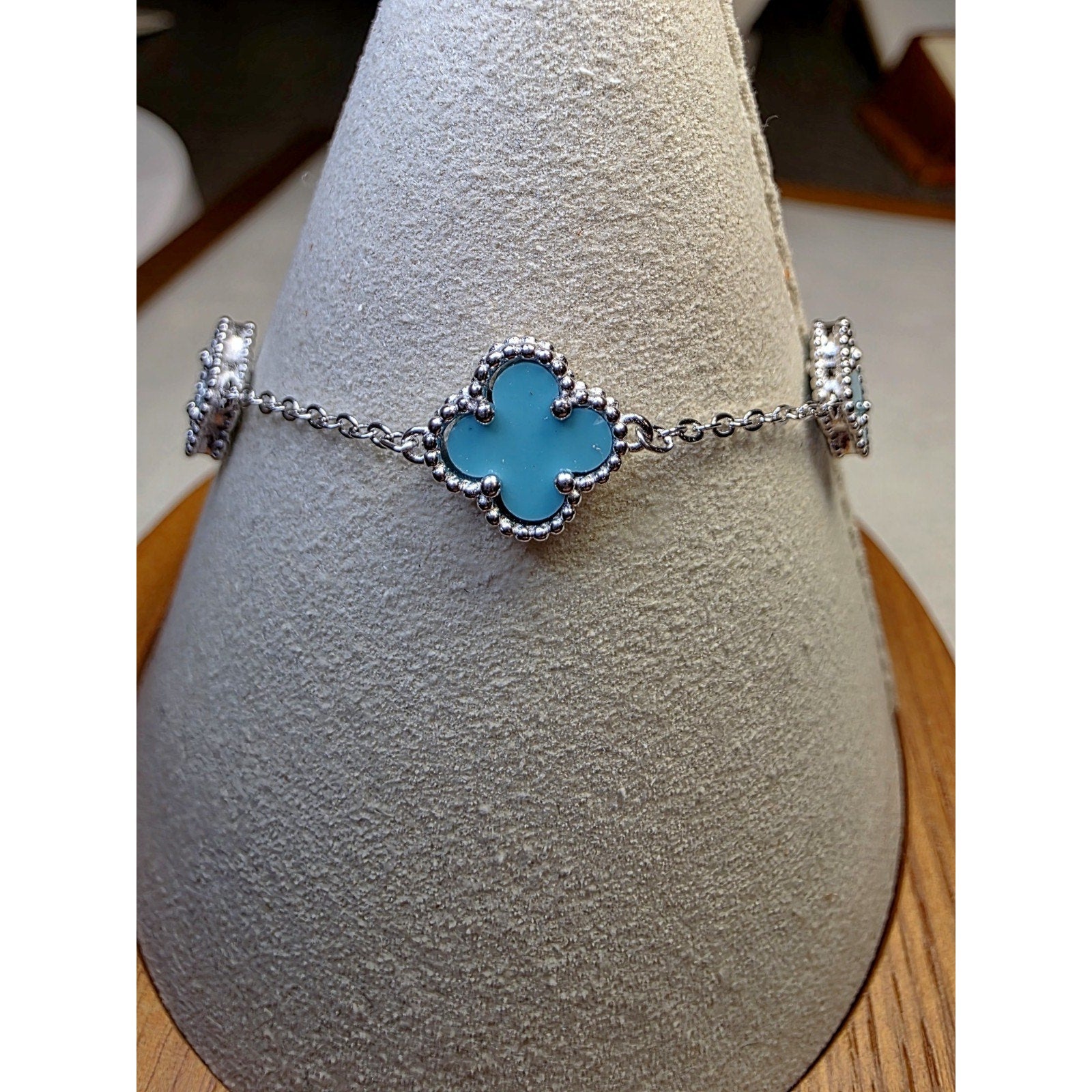 7+1" Turquoise Station Clover Bracelet Adjustable 925 Sterling Silver