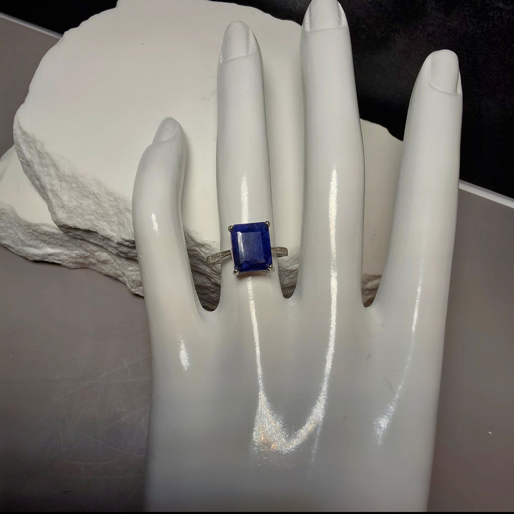Natural Lapis Lazuli Ring S925 Sterling Silver Emerald Cut - Size 6, 2mm