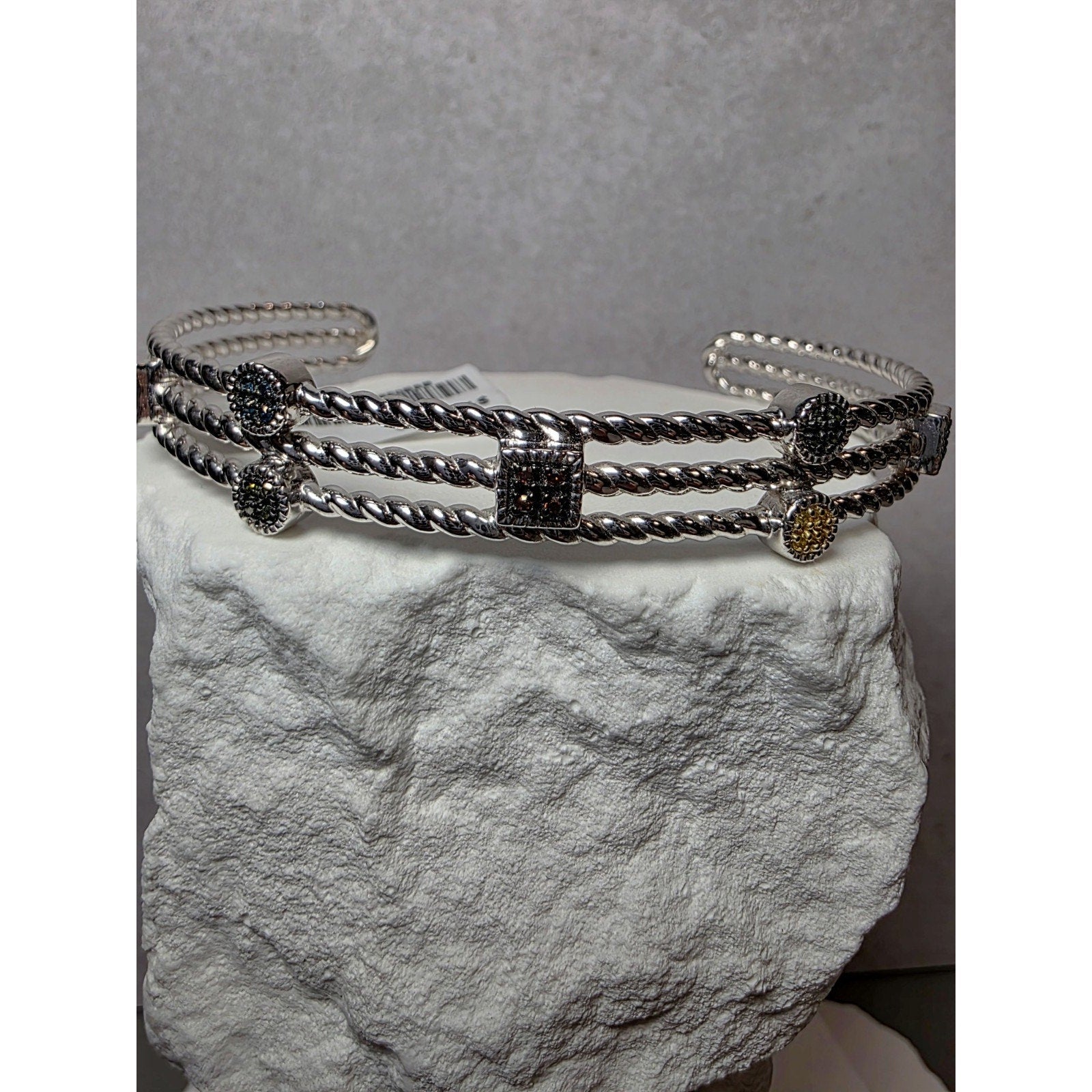 0.25ctw Multicolored Natural Diamond Adjustable Bangle 22g Solid 925 Sterling...