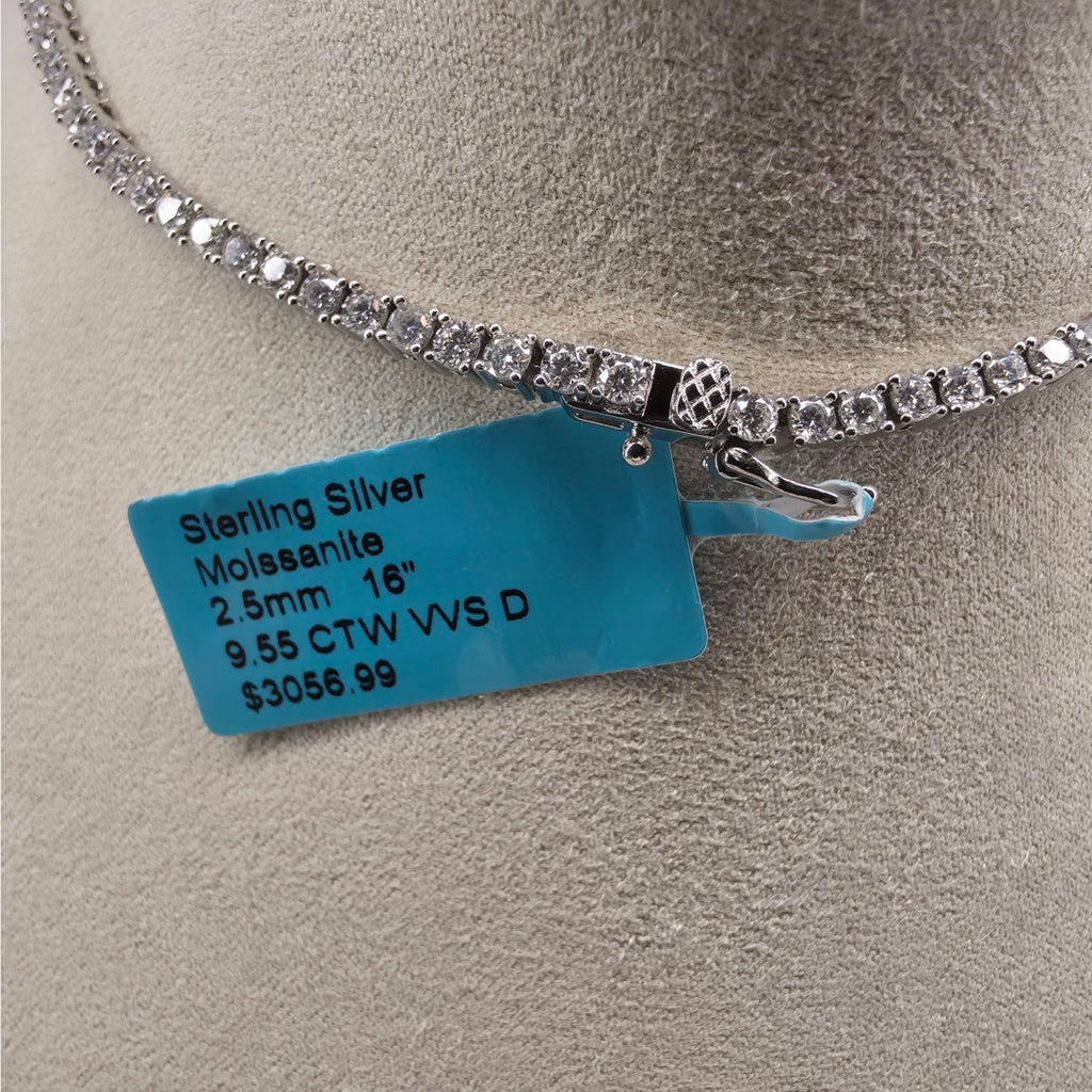 16" 2.5mm 9.55ctw Moissanite Tennis Necklace 925 Sterling Silver VVS D