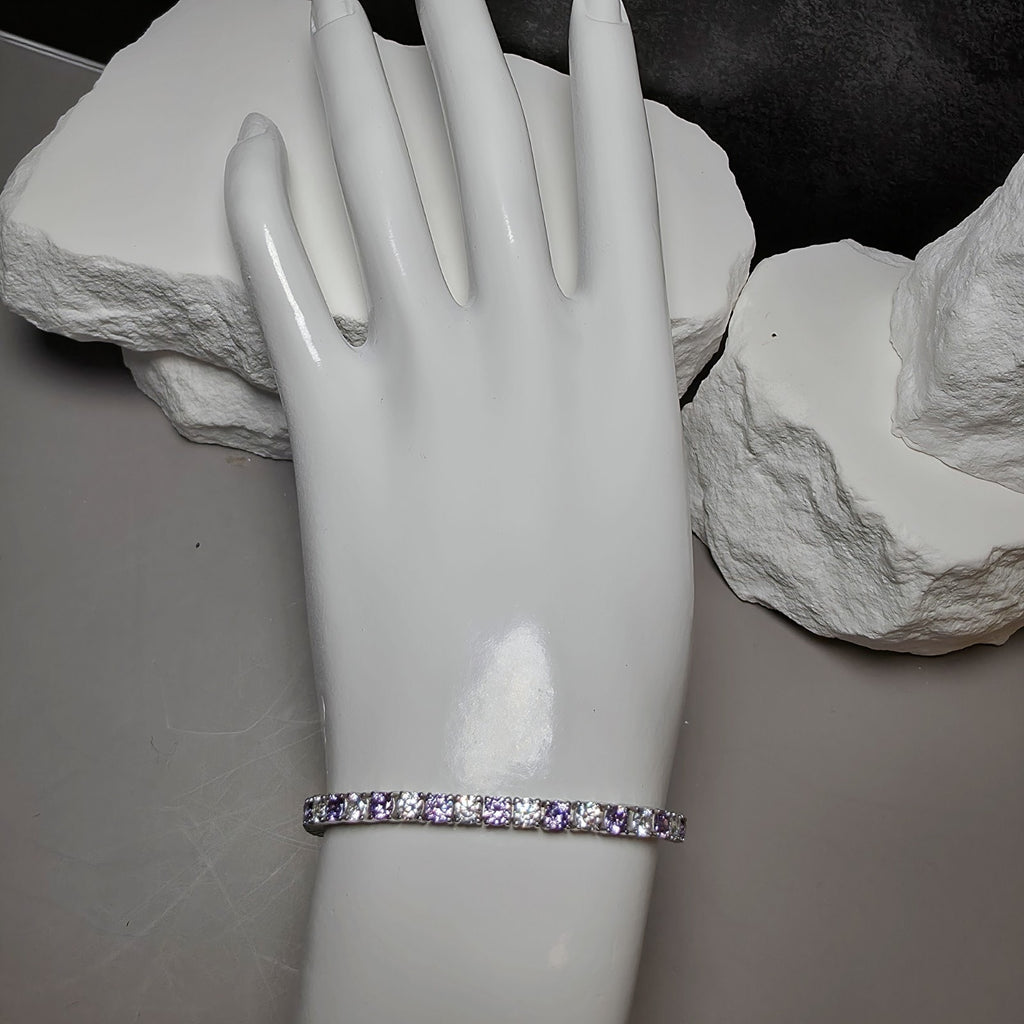925 Sterling Silver Purple Amethyst & CZ Alternating Tennis Bracelet – 7" 3.3mm