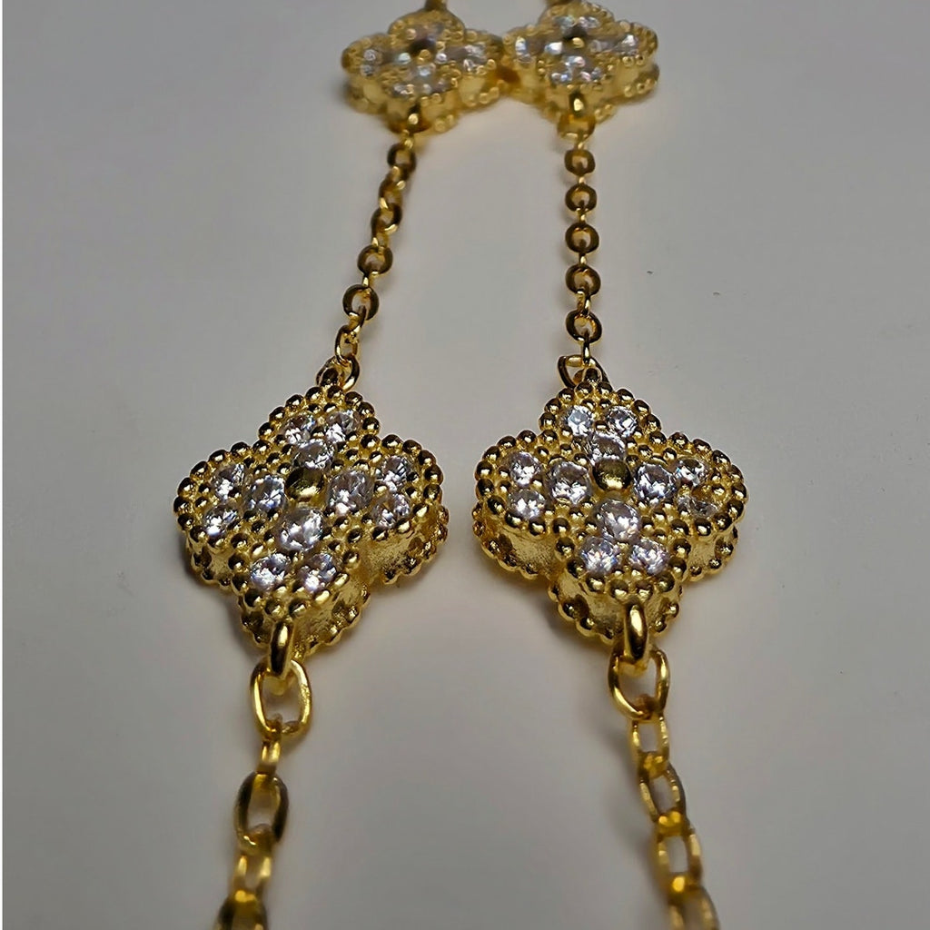 Gold 925 Silver Pave CZ Cluster 5 Station Clover Bracelet Adjustable 7-8"