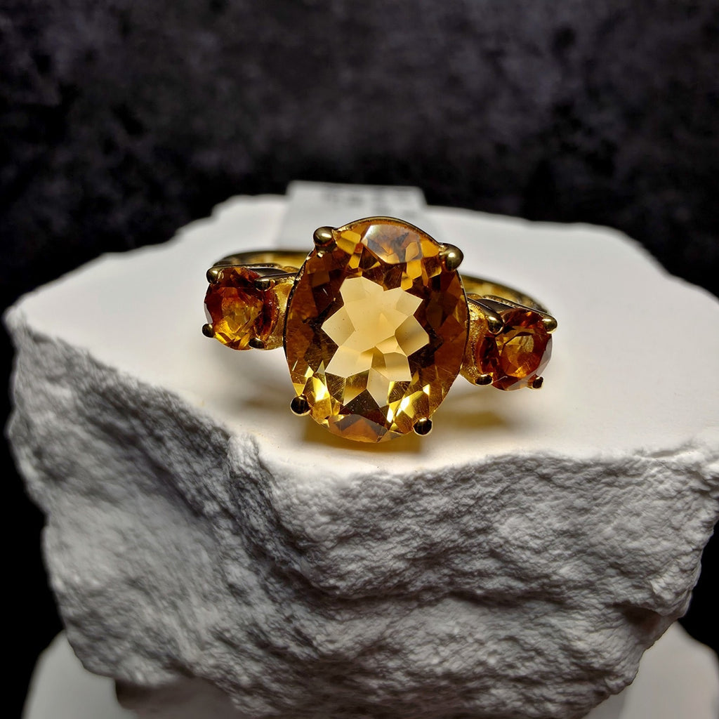 Genuine Citrine Three-Stone Ring Size 7 Gold Over 925 Silver