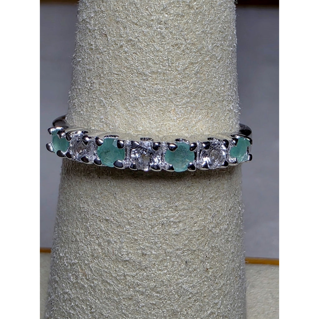 S7 Natural Emerald & 0.46ctw Moissanite Half Eternity Band 925 Sterling Silver