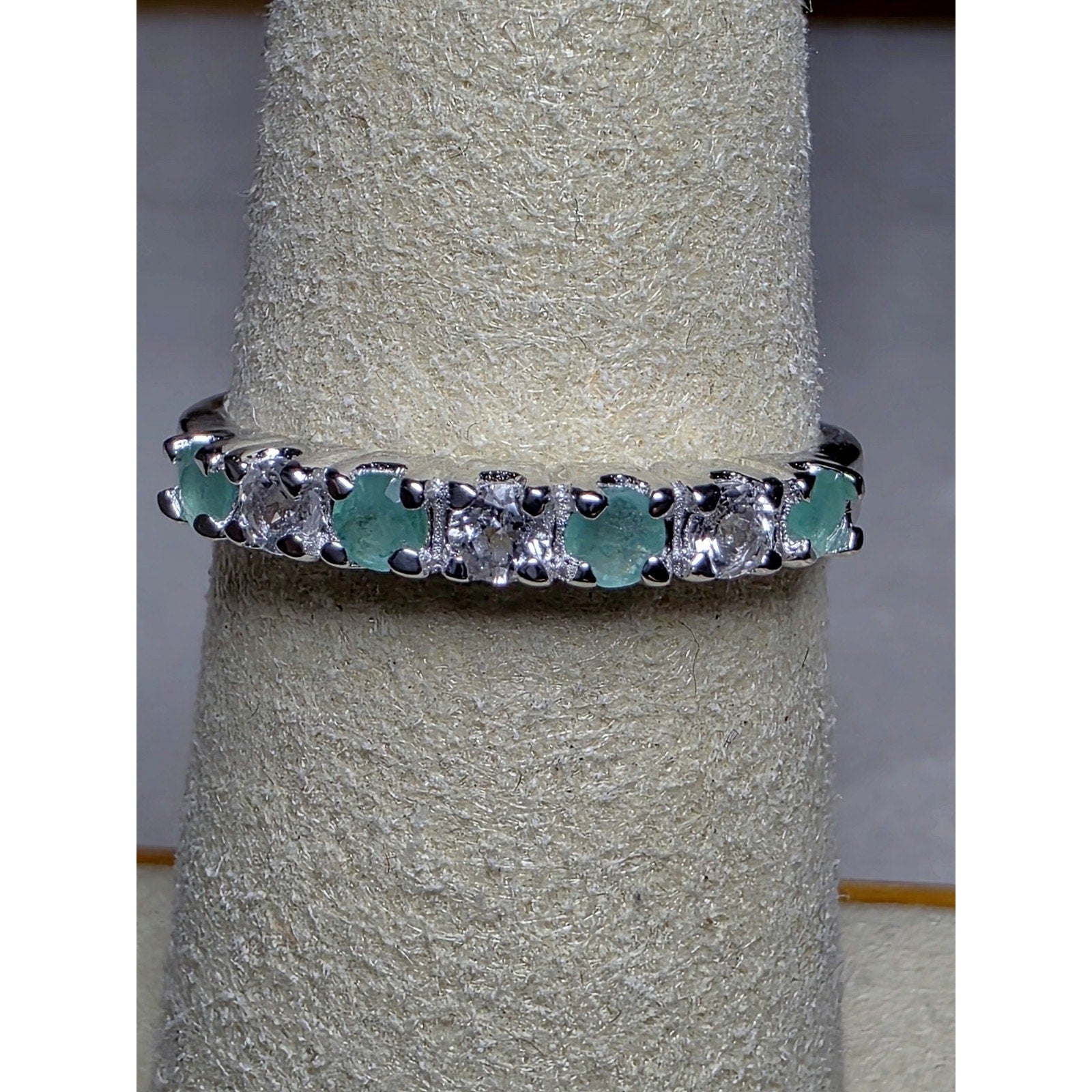 S7 Natural Emerald & 0.46ctw Moissanite Half Eternity Band 925 Sterling Silver