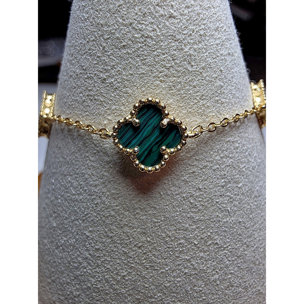 7+1" Green Malachite Alternating Clover Bracelet Gold Plated 925 Sterling Silver