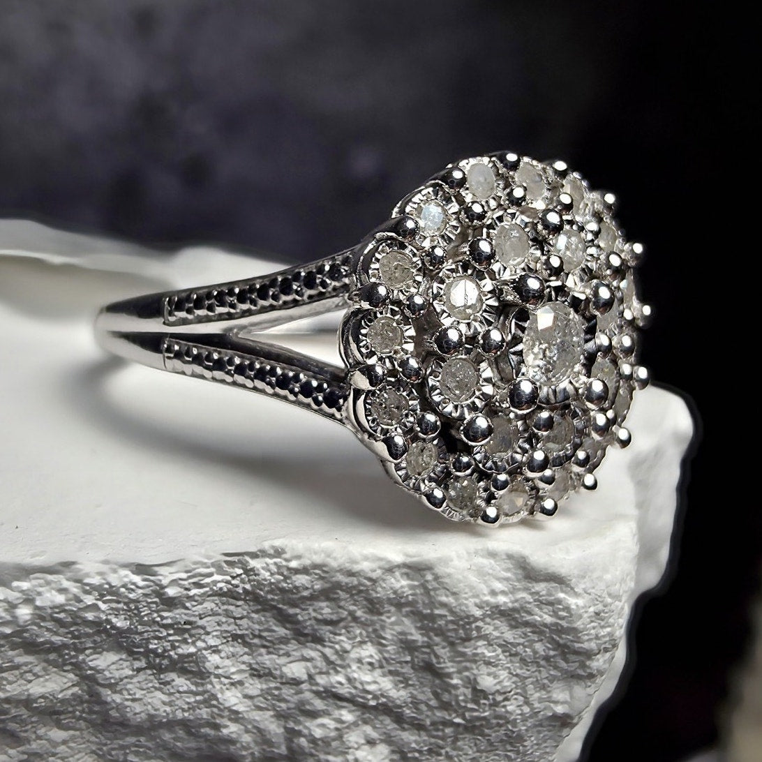 Size 7 Natural White Diamond 0.23ct Cluster Split Band Ring 925 Sterling Silver