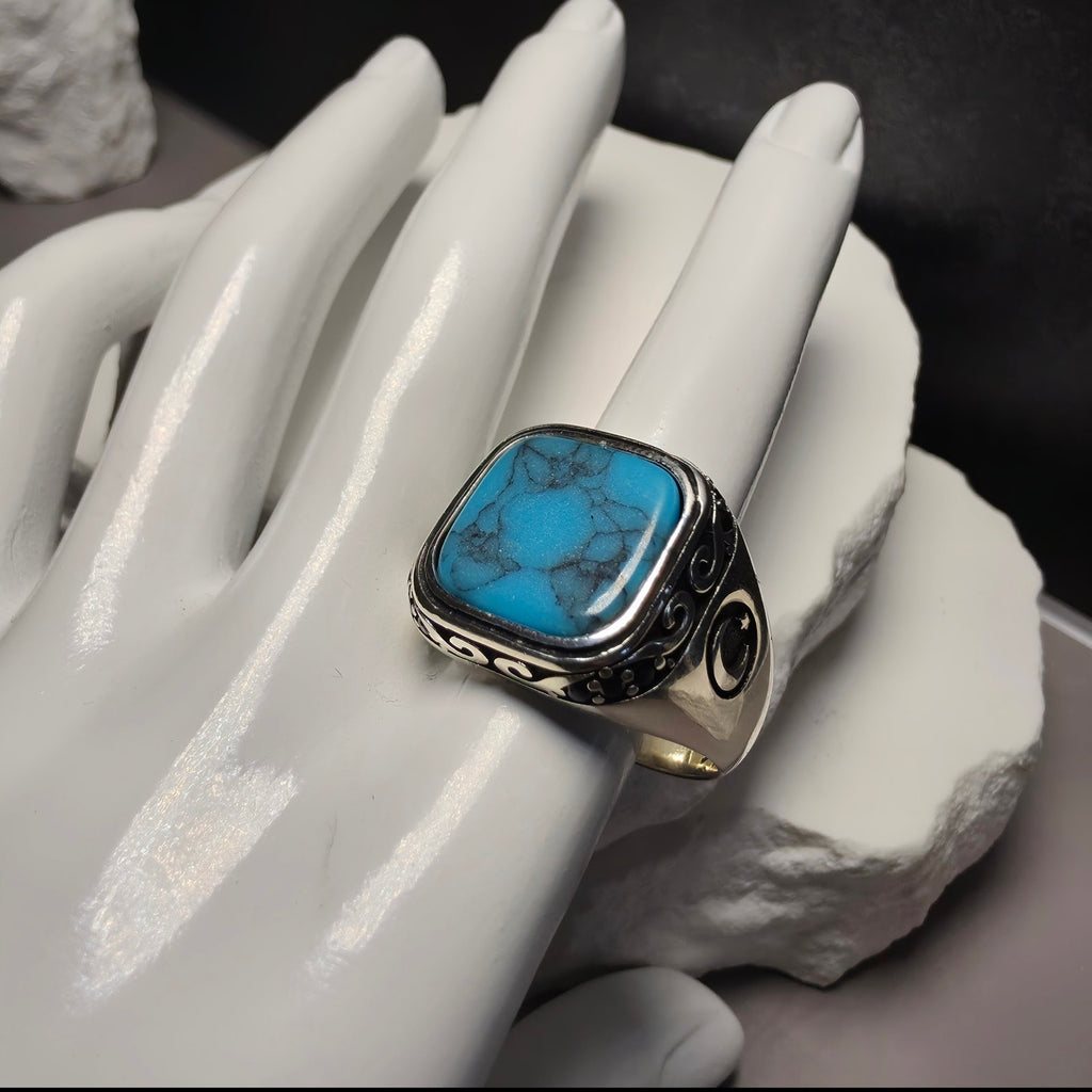 925 Sterling Silver Turquoise Signet Men's Ring – Crescent & Star Motif (Size 12.5)