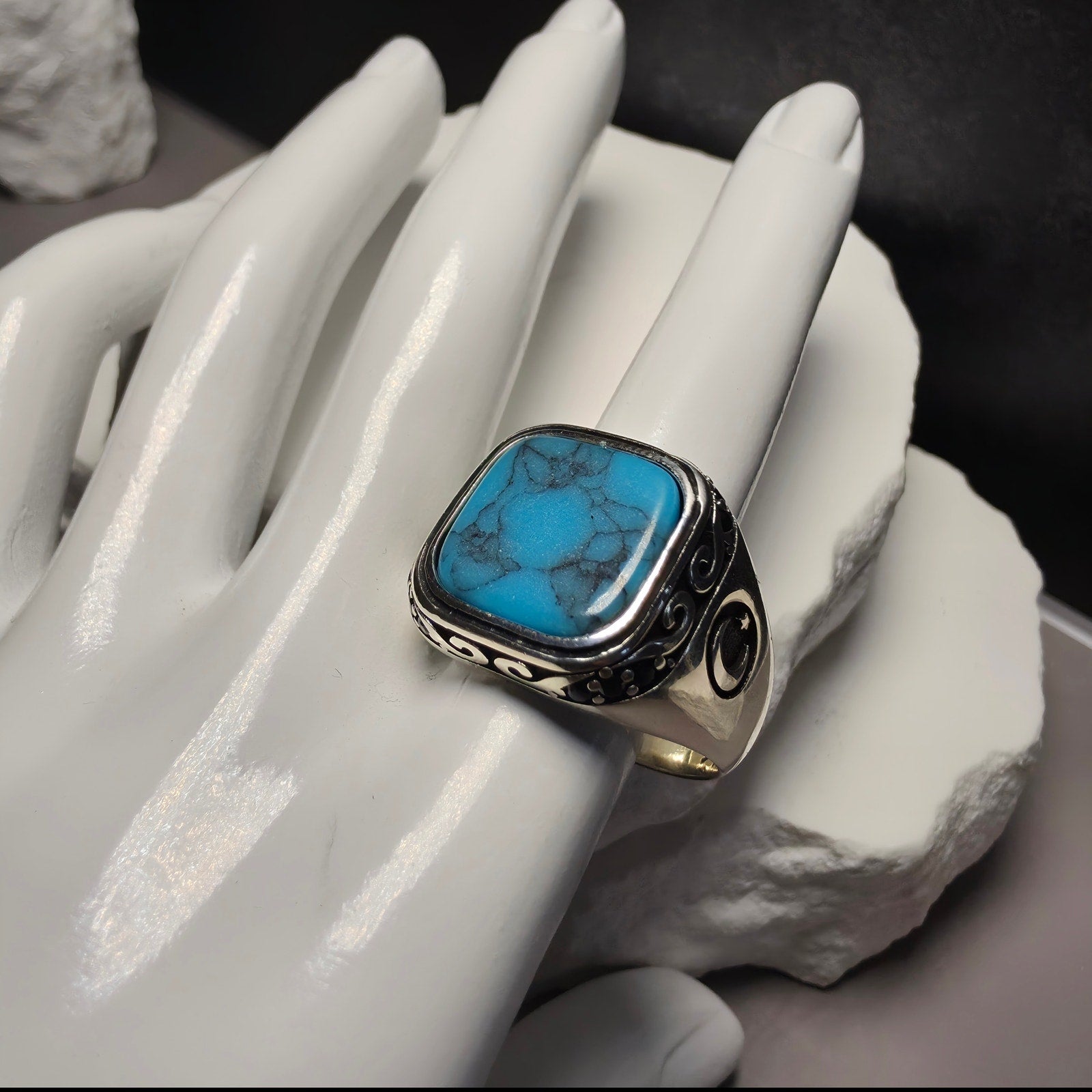 925 Sterling Silver Turquoise Signet Men's Ring – Crescent & Star Motif (Size 12.5)