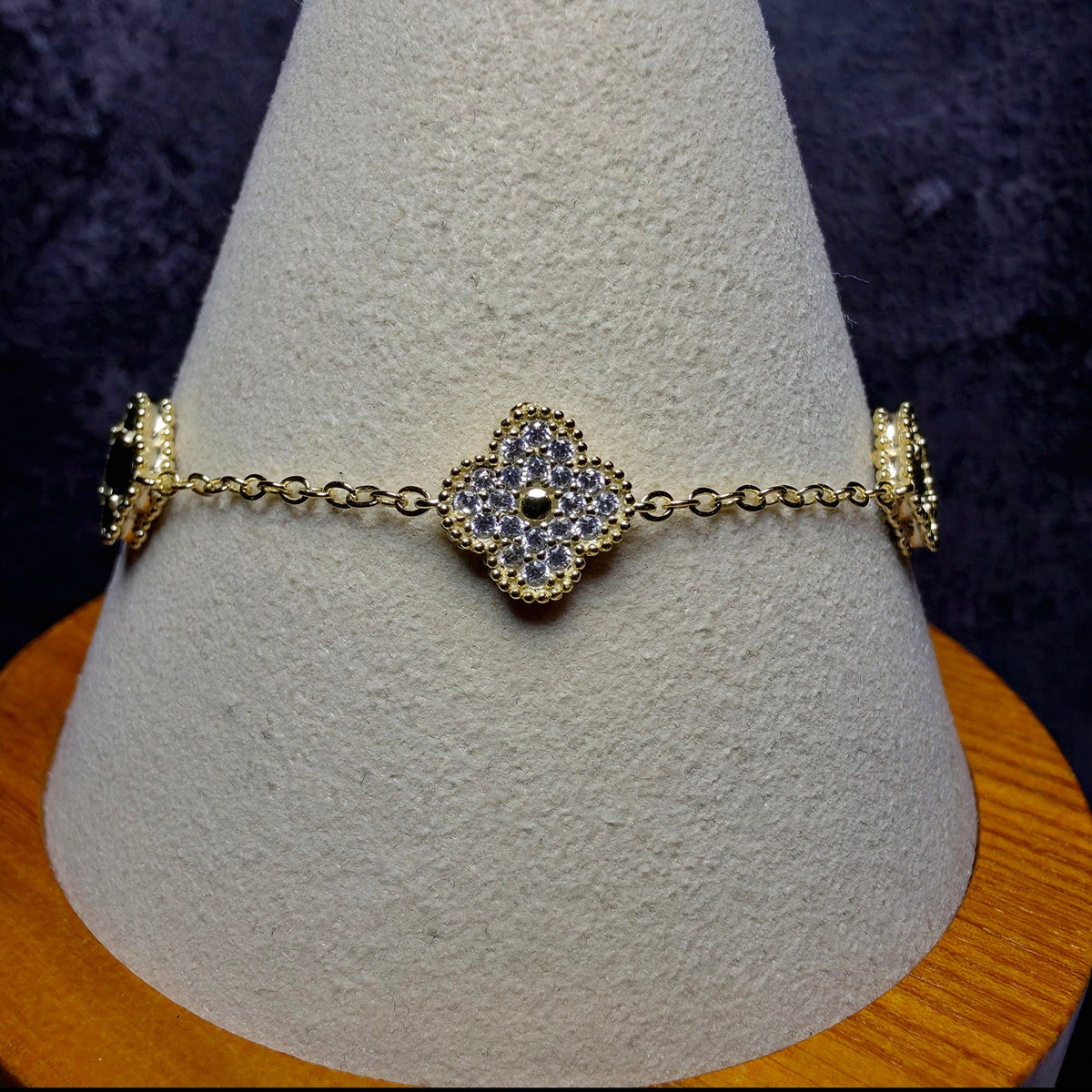 7+1" Gold Over Sterling Silver Onyx & CZ Clover Station Bracelet