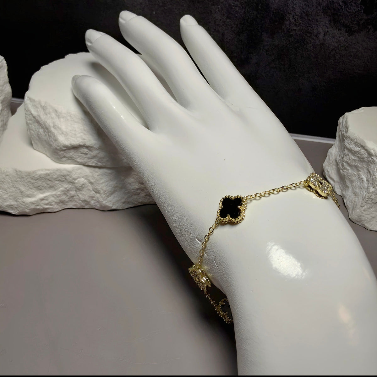 7+1" Gold Over Sterling Silver Onyx & CZ Clover Station Bracelet