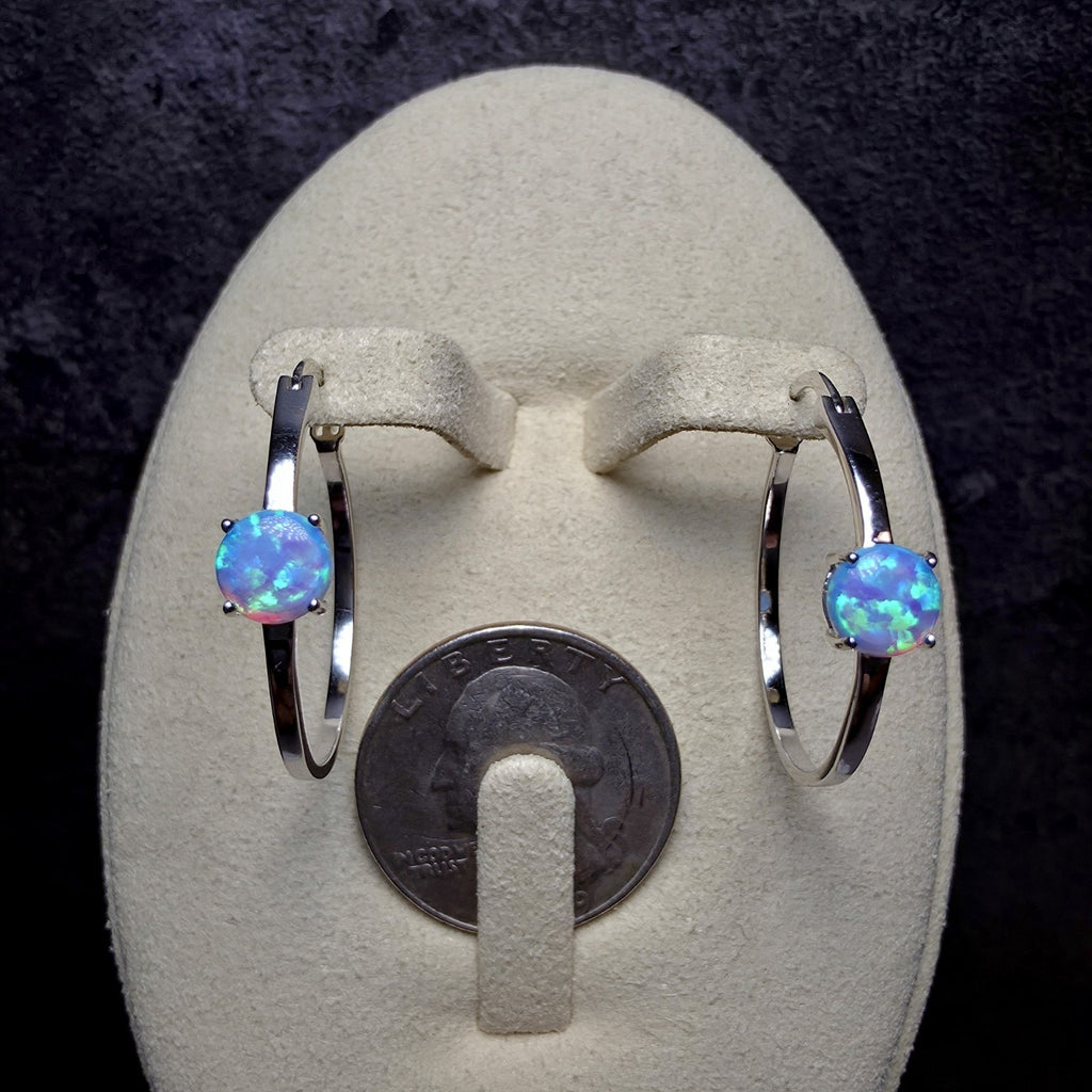 925 Sterling Silver Blue Lab Opal Round Hoop Earrings