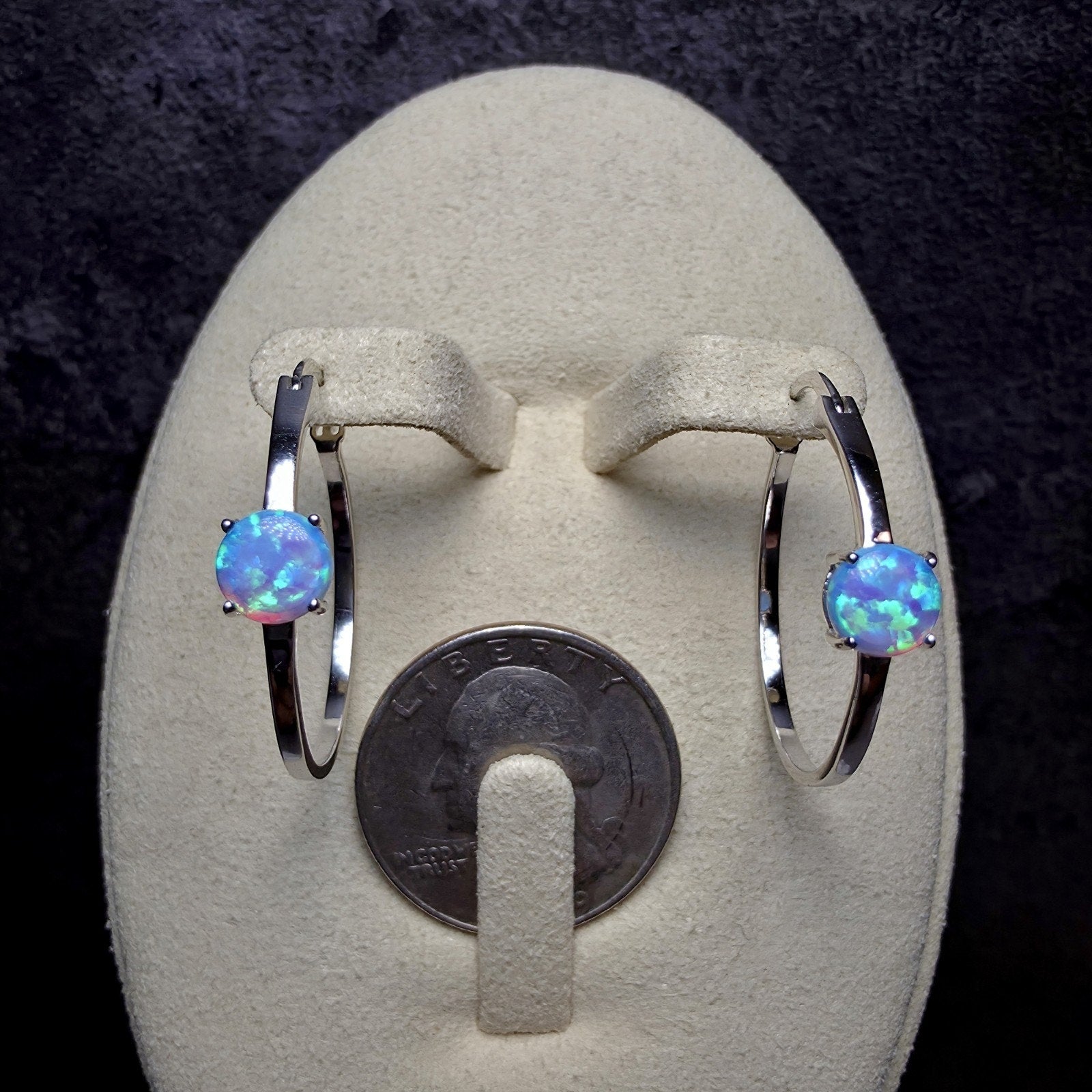 925 Sterling Silver Blue Lab Opal Round Hoop Earrings
