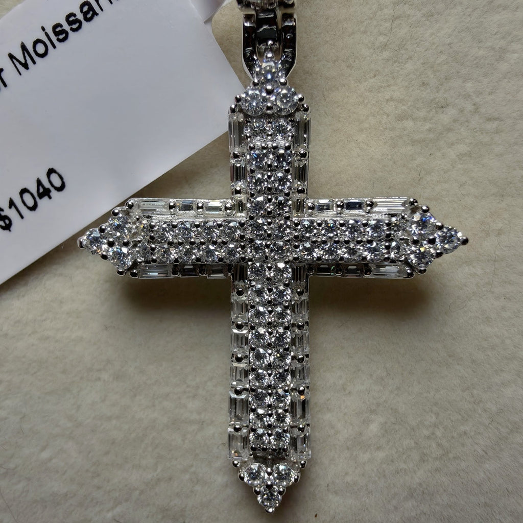 2.2CTW Moissanite Cross Pendant in 925 Sterling Silver | 24" 2mm Figaro Necklace