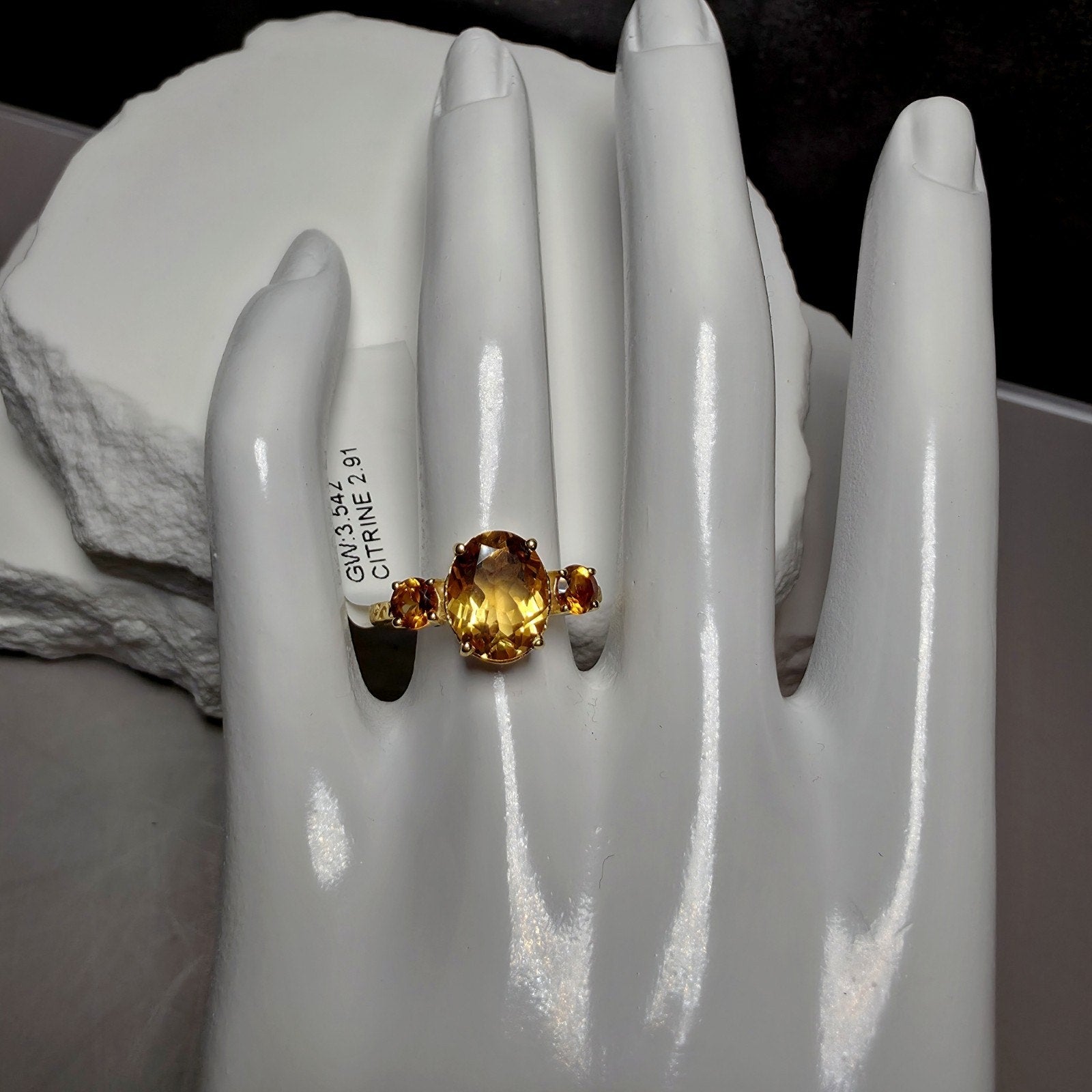 Genuine Citrine Three-Stone Ring Size 7 Gold Over 925 Silver