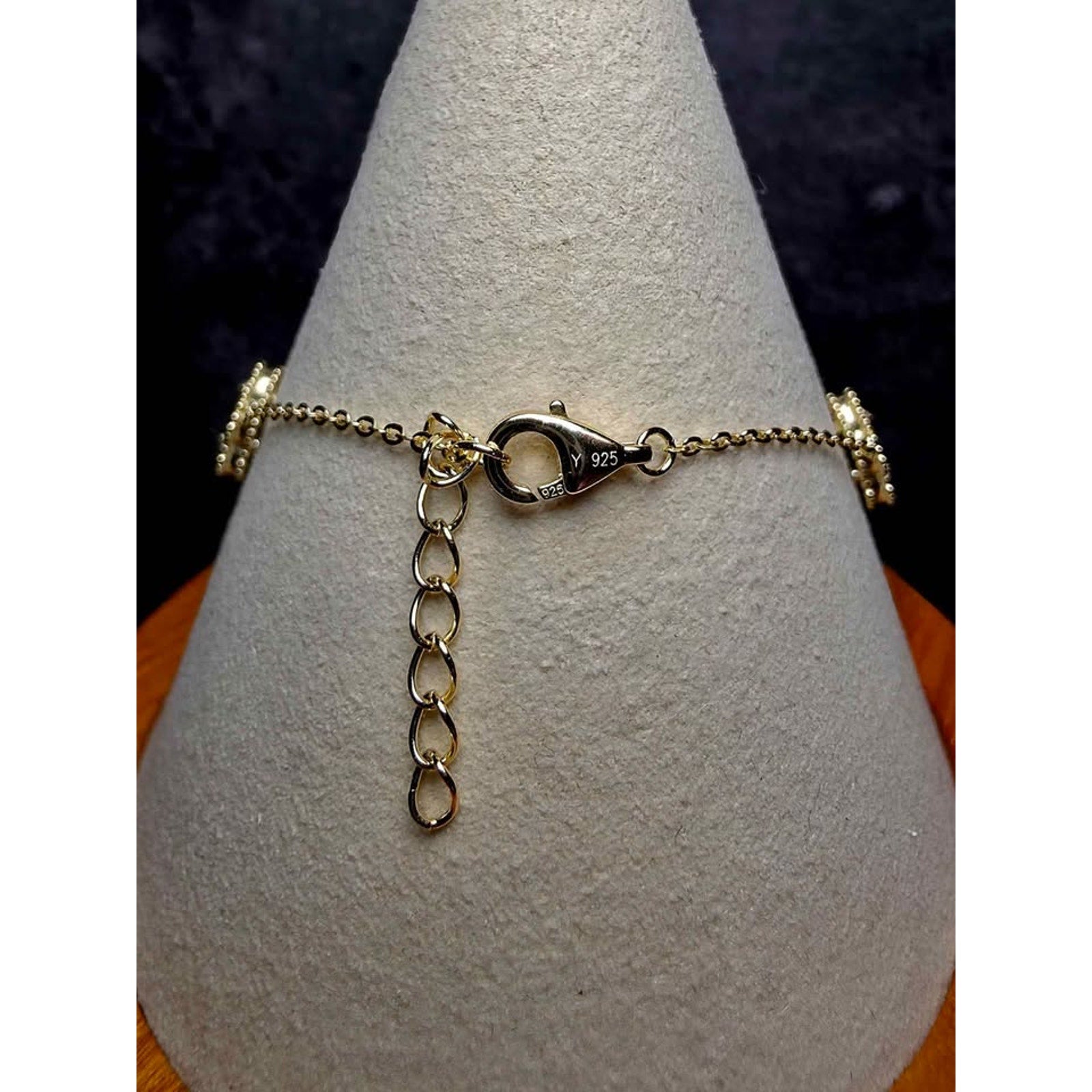 7+1" Genuine Tigers Eye Clover Bracelet Gold over Solid 925 Sterling Silver