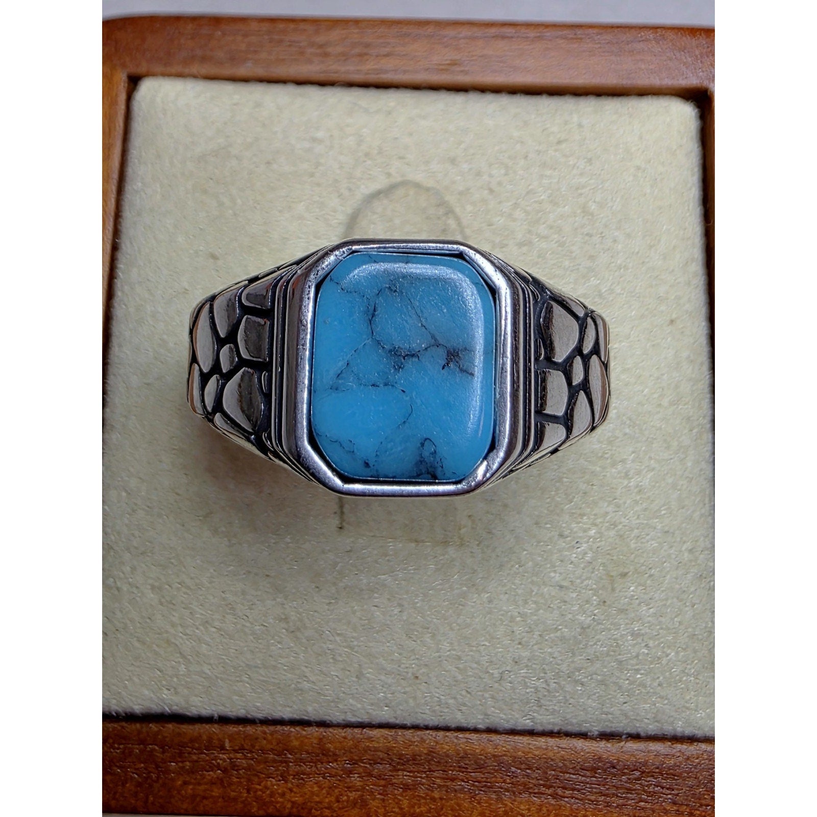 S10 Natural Turquoise Signet Engraved Ring 925 Sterling Silver