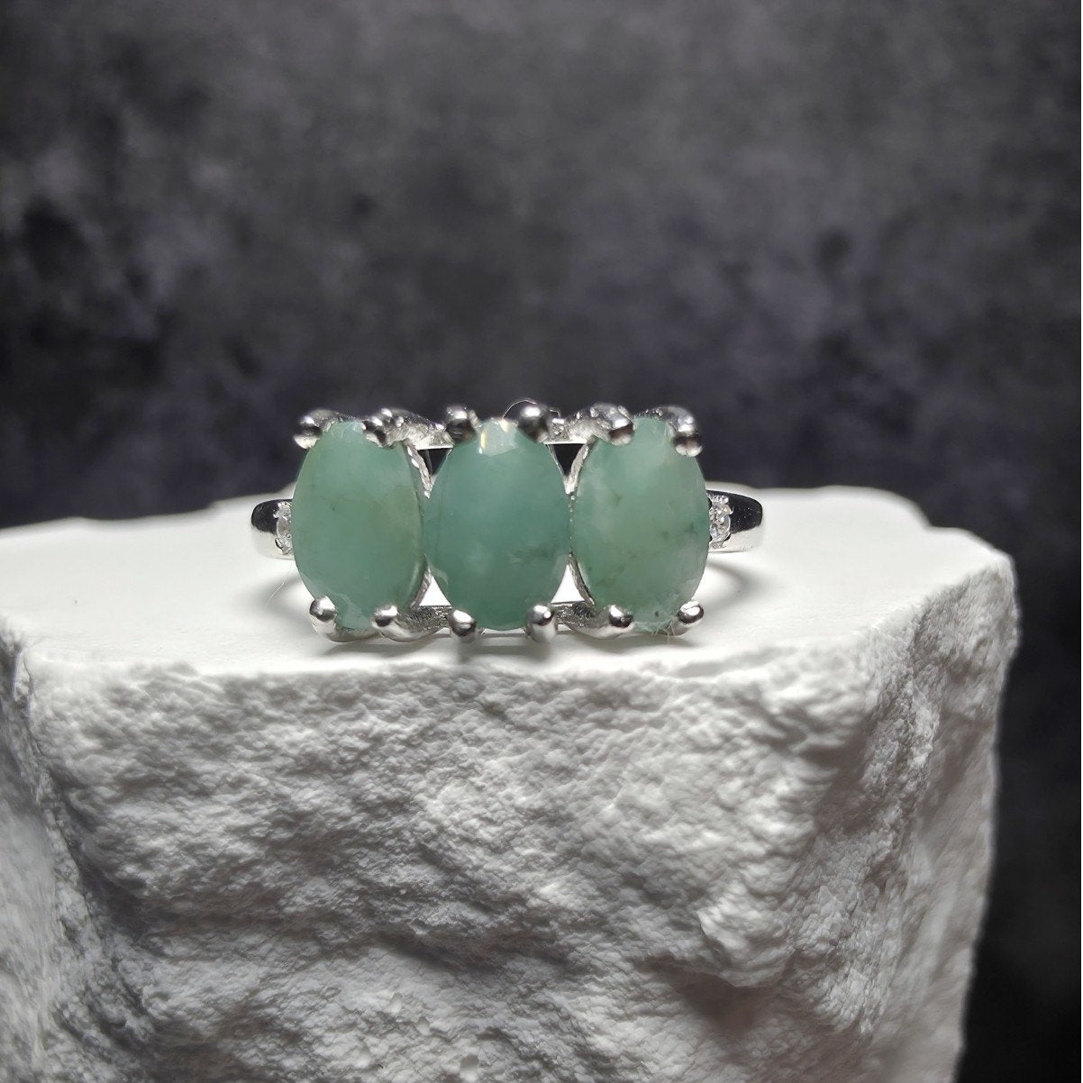 Natural Emerald 3-Stone Ring, S925 Sterling Silver, Size 7