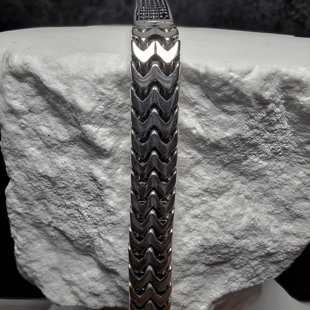 925 Sterling Silver Black Spinel ID Bar Double Franco Link Bracelet 9" 32g 7mm