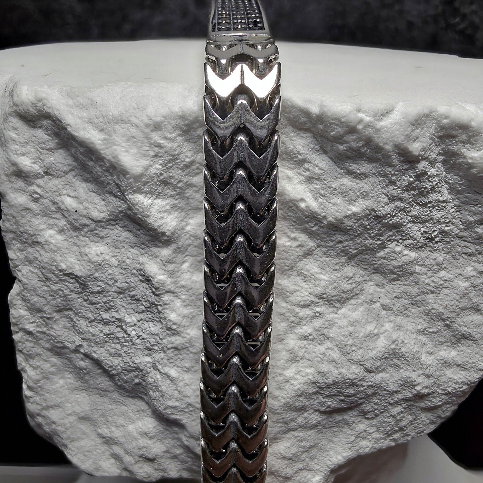 925 Sterling Silver Black Spinel ID Bar Double Franco Link Bracelet 9" 32g 7mm