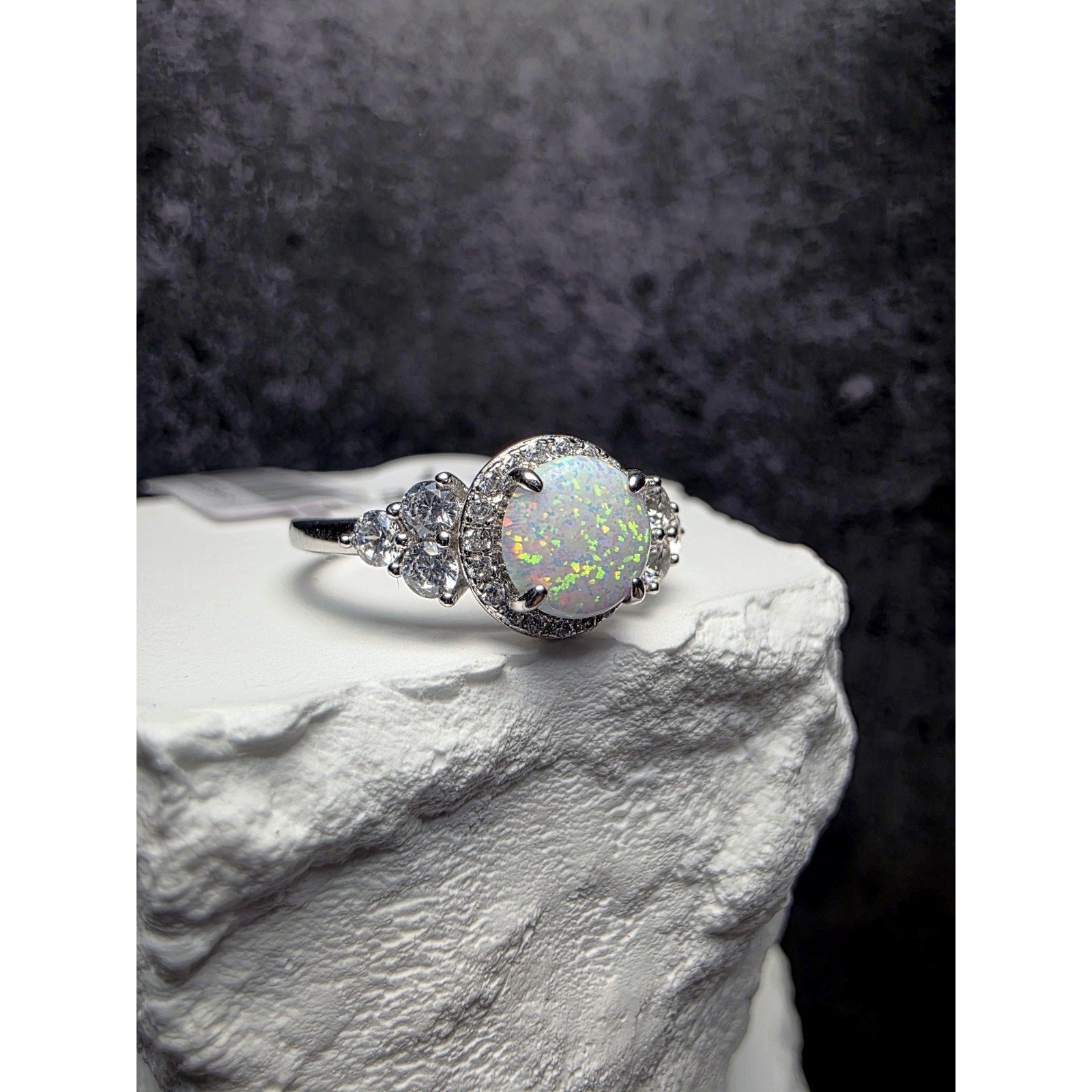 S7 Fire Opal w/ Moissanite Halo Ring 925 Sterling Silver