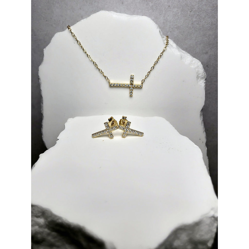 16+2" Gold Cross VVSD Moissanite Necklace & Earrings Bundle w/GRA Certificates