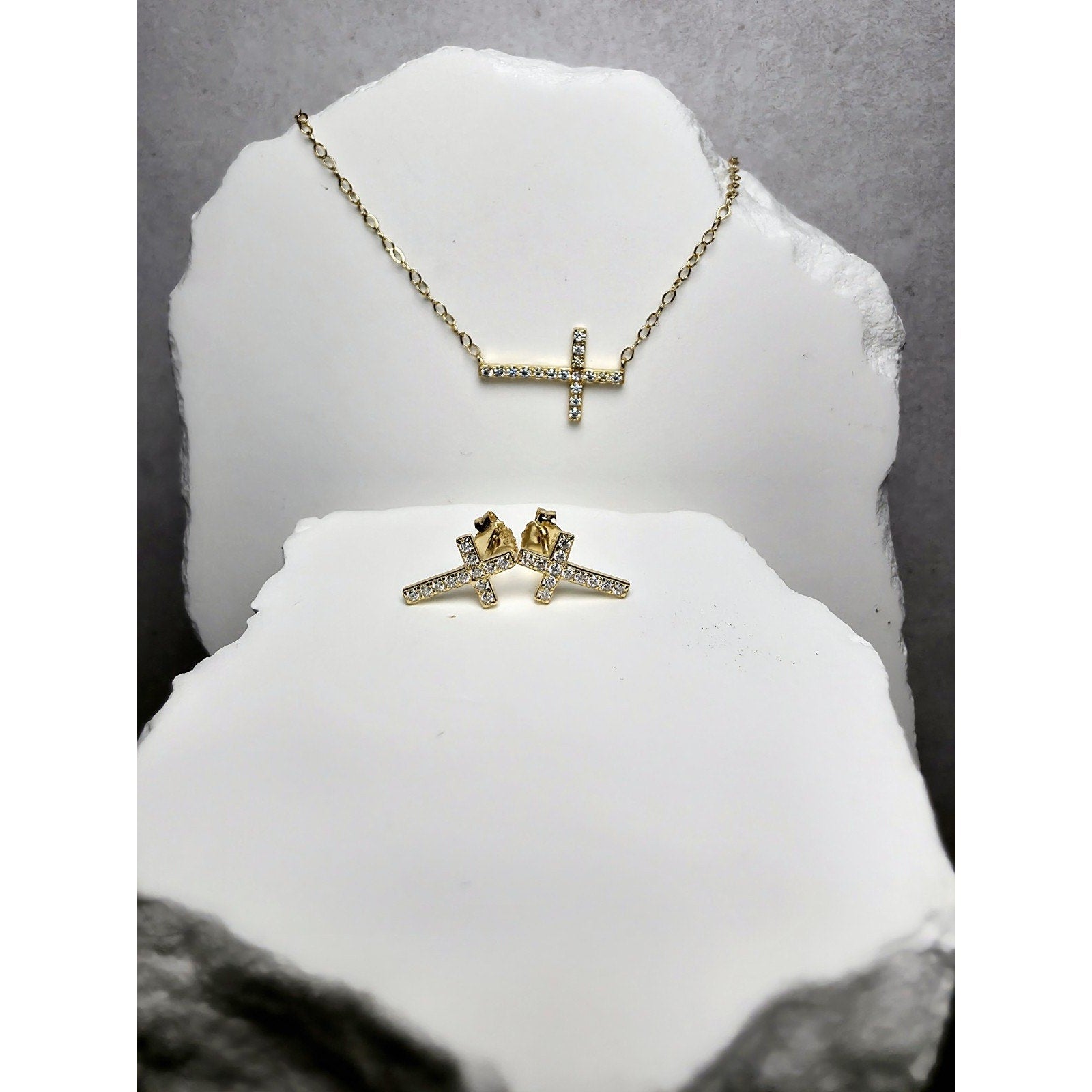 16+2" Gold Cross VVSD Moissanite Necklace & Earrings Bundle w/GRA Certificates