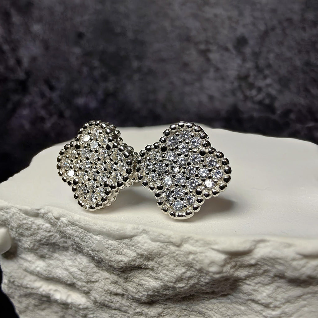 925 Sterling Silver 10mm CZ Four-Leaf Clover Stud Earrings w/Butterfly Back