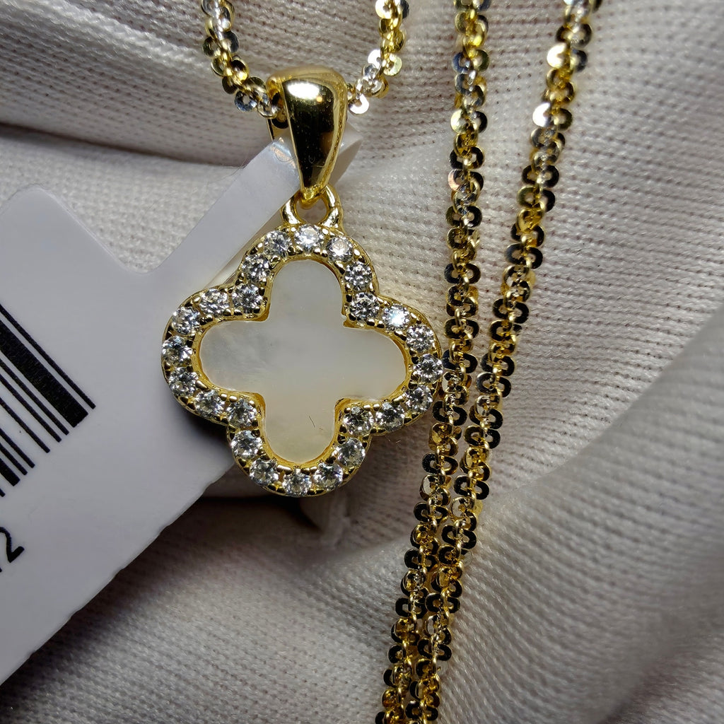 0.24CT Moissanite Mother of Pearl Clover Pendant 20" Two-Tone Twisted Rock Necklace