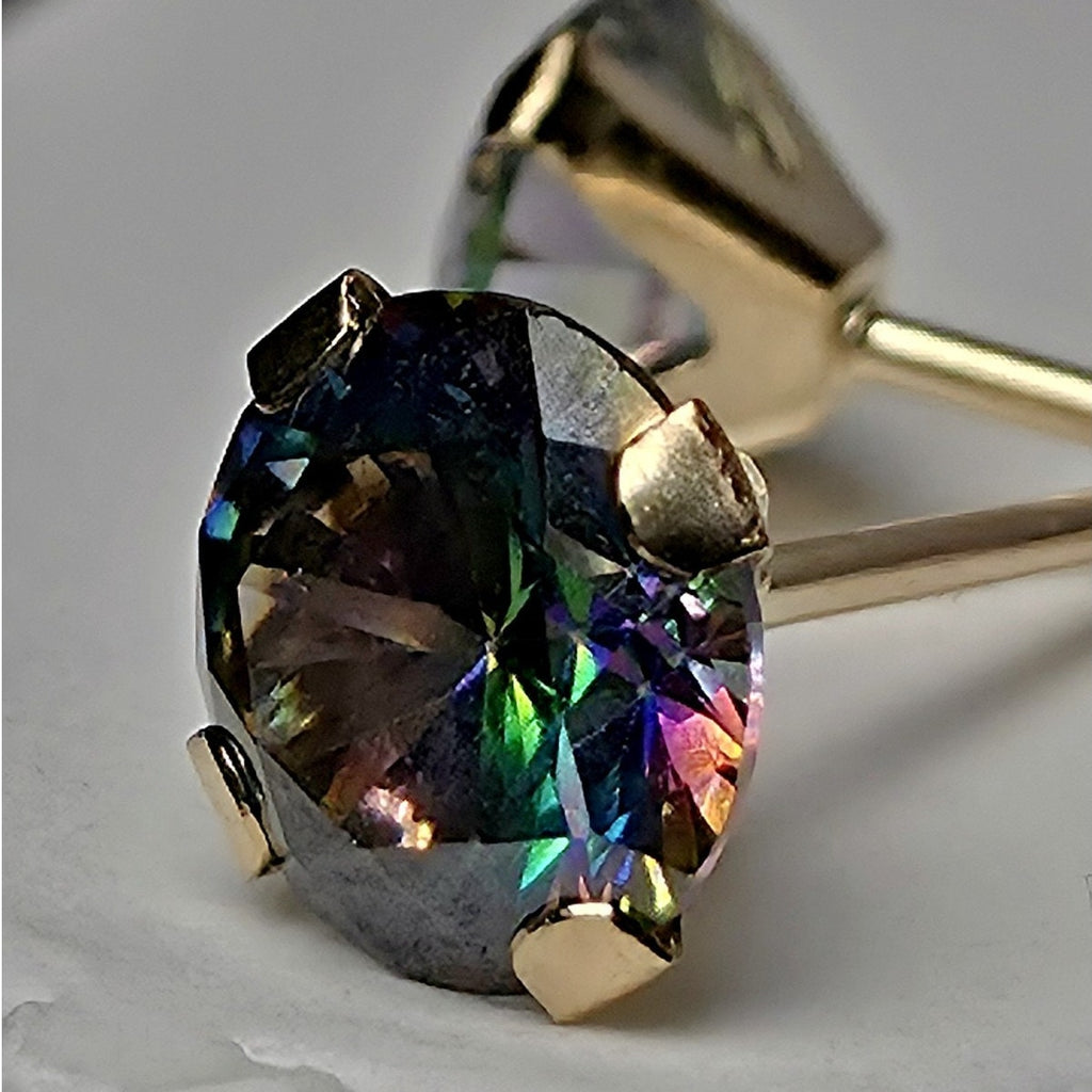 14K Solid Gold 5mm Genuine Mystic Topaz Stud Earrings w/ Silicone Backs