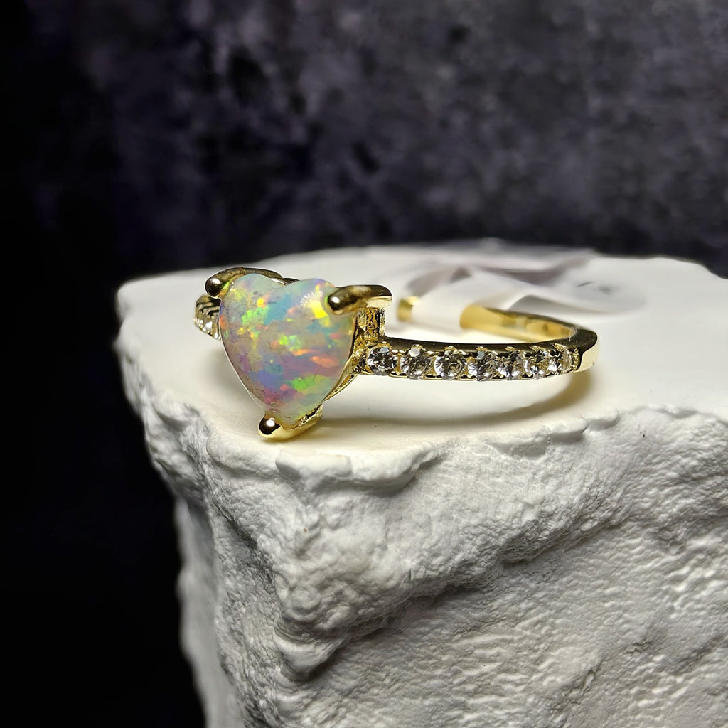 Heart-Cut White Opal & Accent Stones Ring (Size 7.5) Gold Over 925 Silver