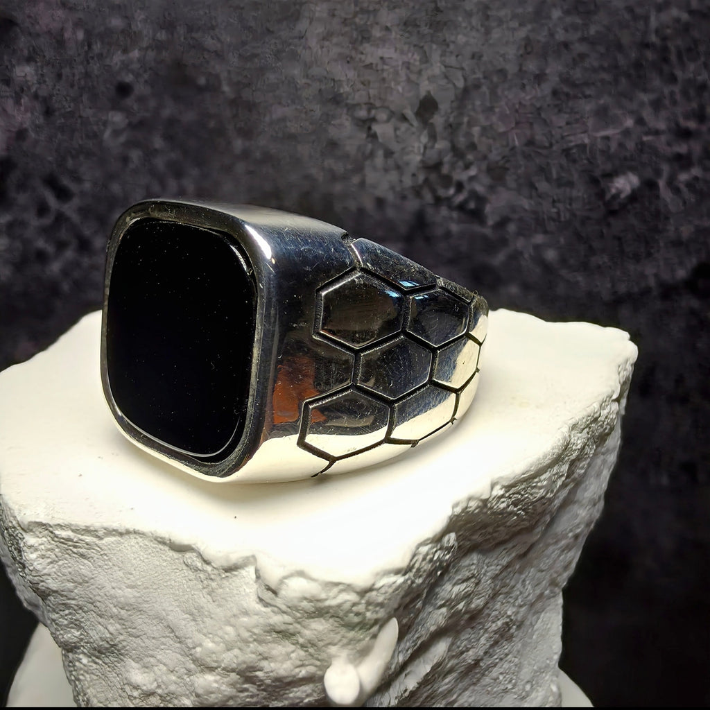 925 Sterling Silver Black Onyx Signet Men's Ring Hexagon Honeycomb Size 12.5 10g